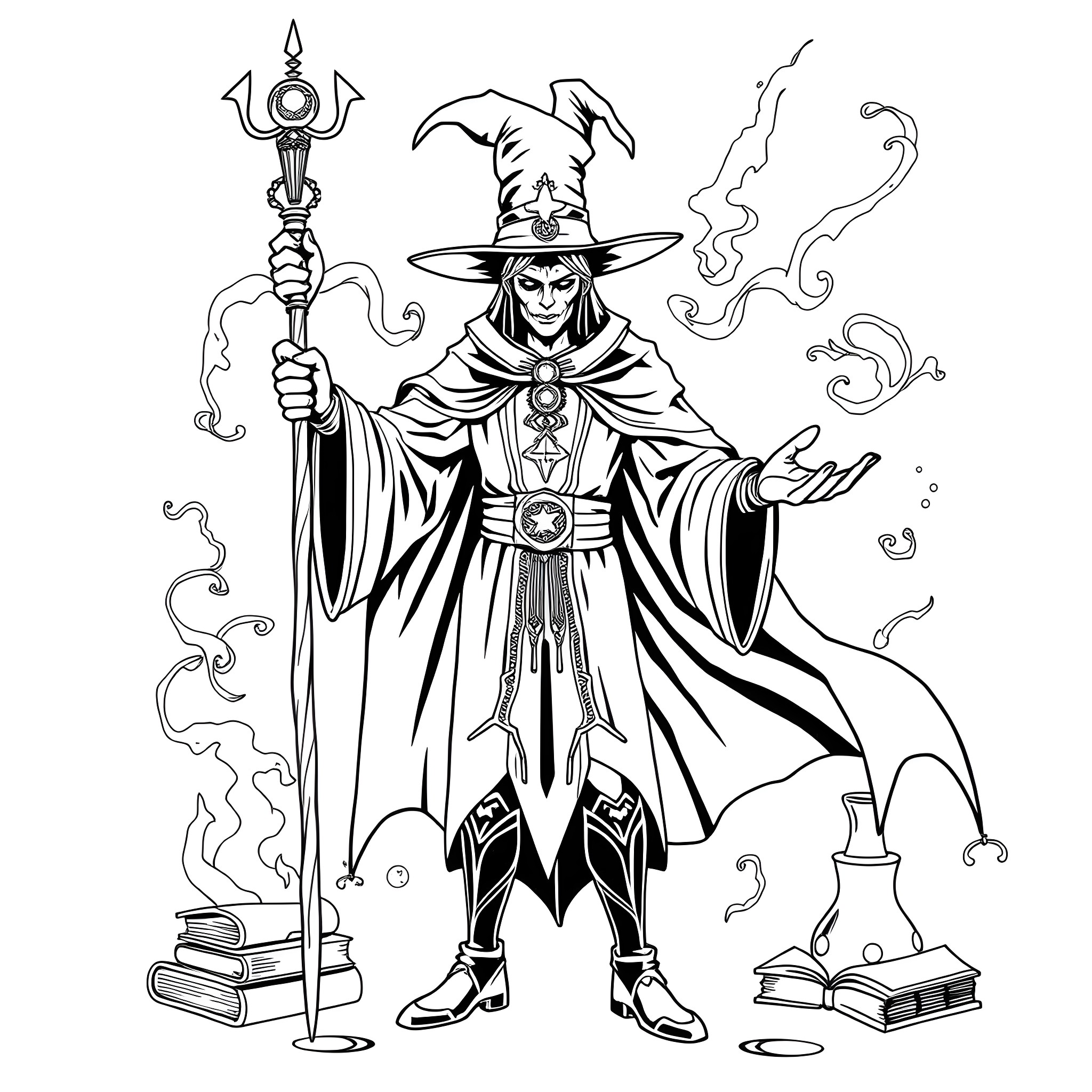Dark Magician in Mystical Powers Pose Coloring Page (free black-and-white line drawing printable PDF for all, from beginners to advanced learners, including children, teens, adults, and seniors)