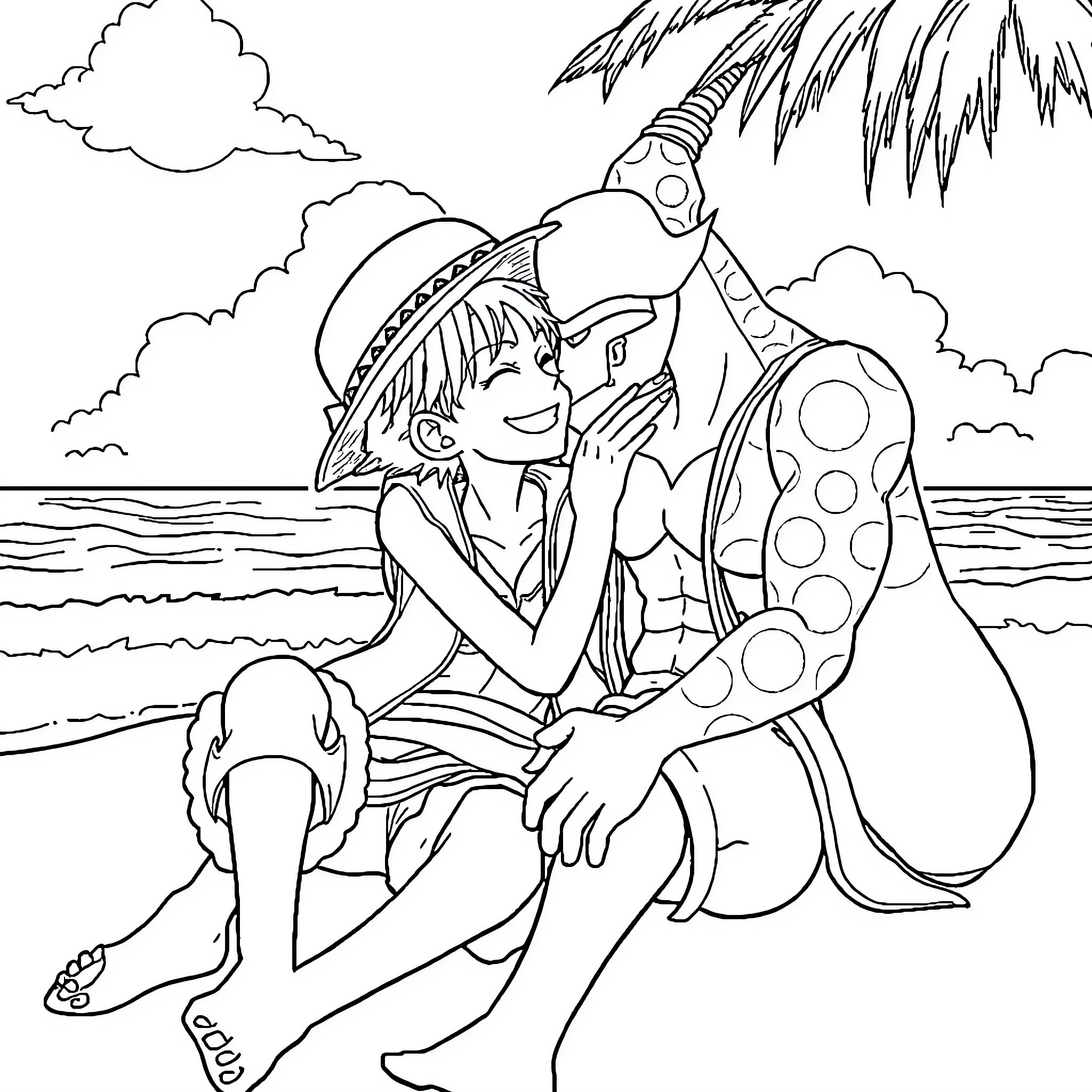 Luffy relaxing on the beach with a sea monster companion Coloring Page (free black-and-white line drawing printable PDF for all, from beginners to advanced learners, including children, teens, adults, and seniors)