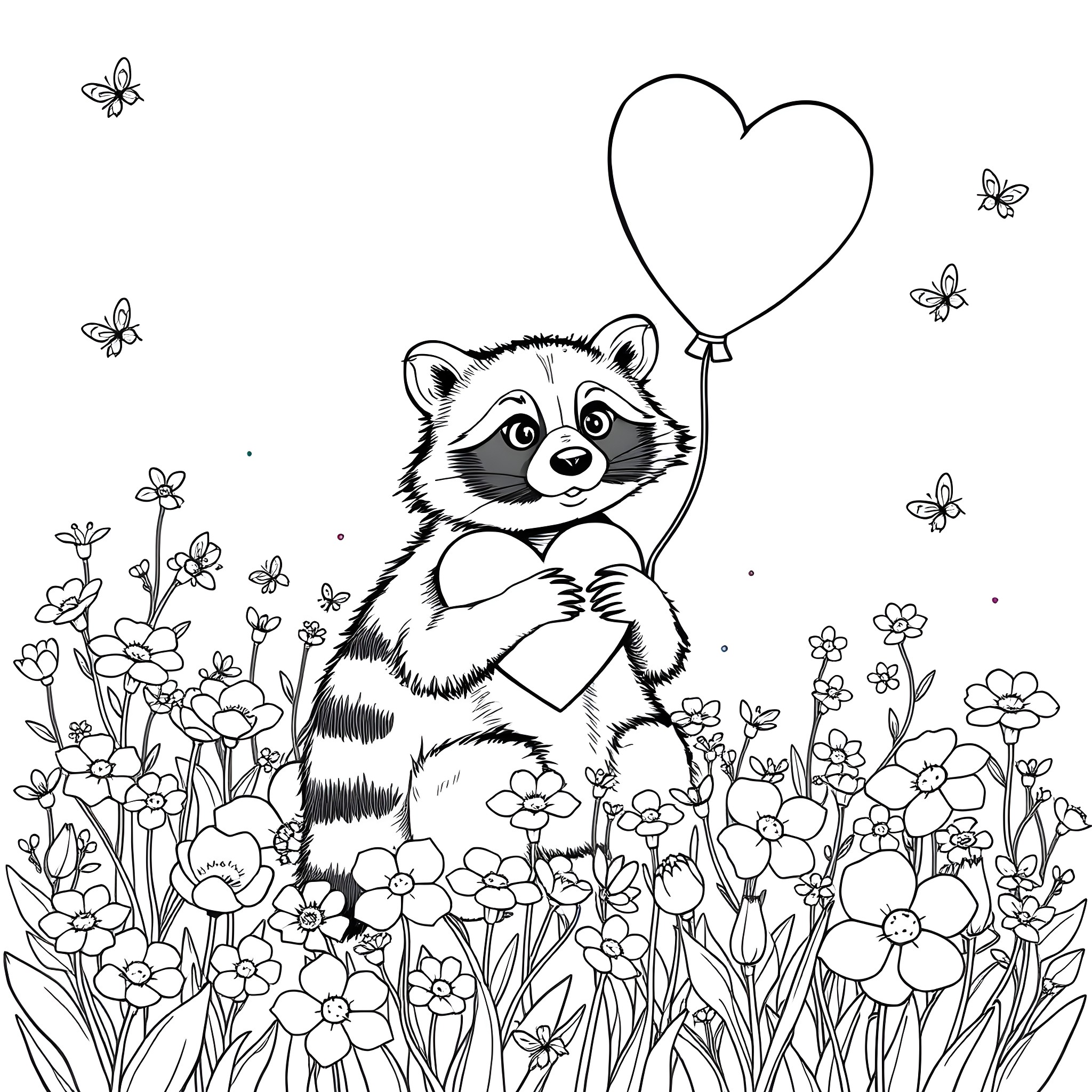 Raccoon with a heart-shaped balloon in the meadow Coloring Page (free black-and-white line drawing printable PDF for all, from beginners to advanced learners, including children, teens, adults, and seniors)