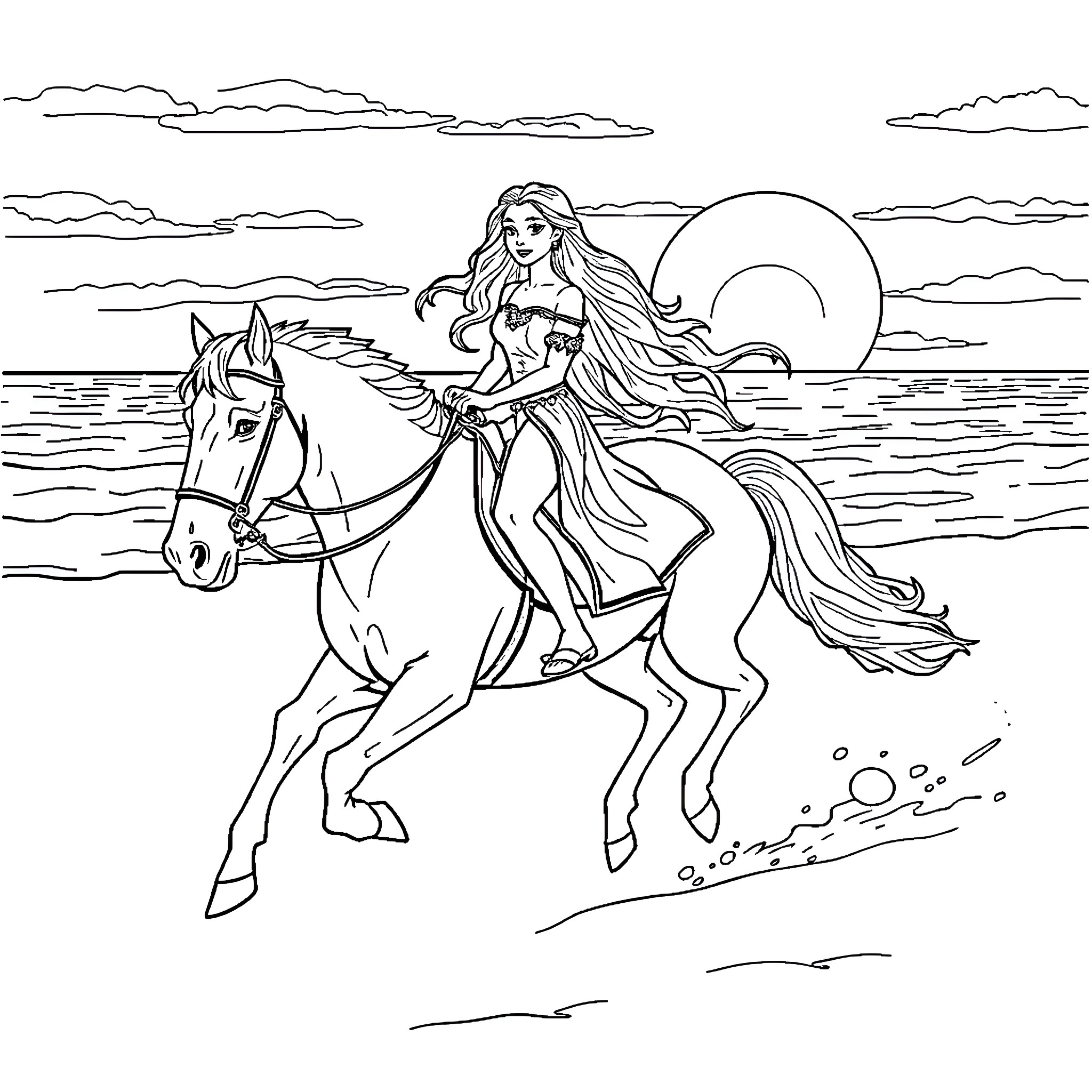 Princess Riding Gracefully on Horseback by the Sea Coloring Page (free black-and-white line drawing printable PDF for all, from beginners to advanced learners, including children, teens, adults, and seniors)