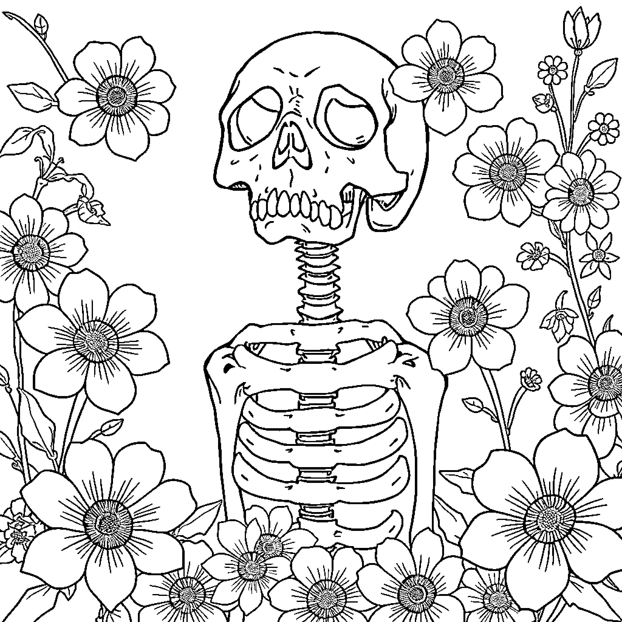 Bone Skeleton amidst Blooming Floral Landscape Coloring Page (free black-and-white line drawing printable PDF for all, from beginners to advanced learners, including children, teens, adults, and seniors)