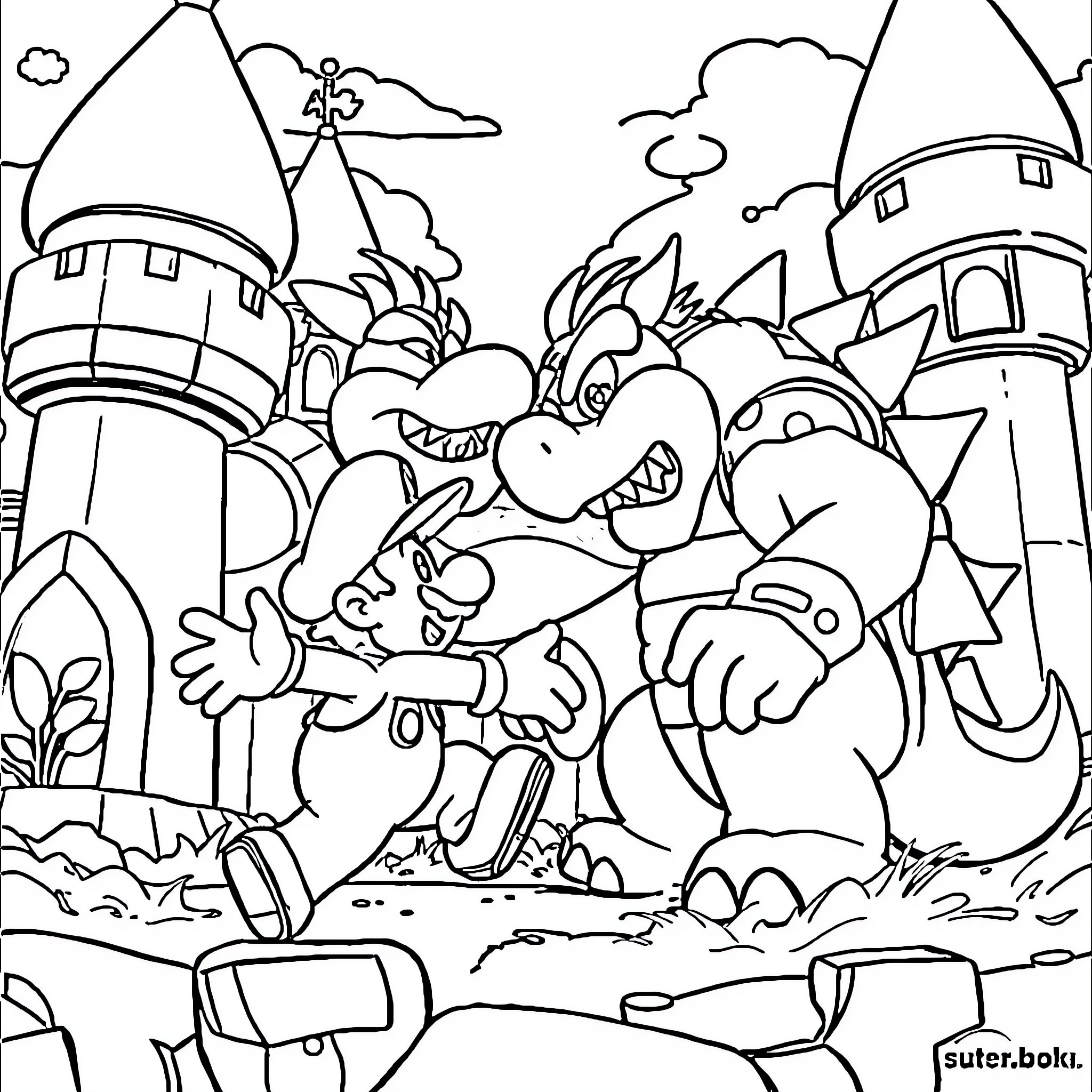Mario's Comical Confrontation in a Surreal Landscape Coloring Page (free black-and-white line drawing printable PDF for all, from beginners to advanced learners, including children, teens, adults, and seniors)