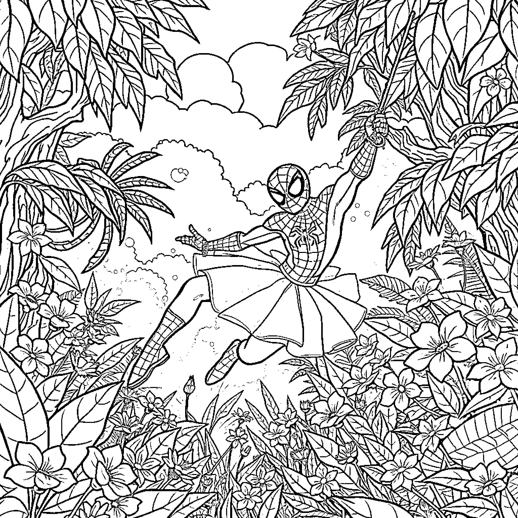 Spiderman swinging through a lush, tropical jungle landscape Coloring Page (free black-and-white line drawing printable PDF for all, from beginners to advanced learners, including children, teens, adults, and seniors)