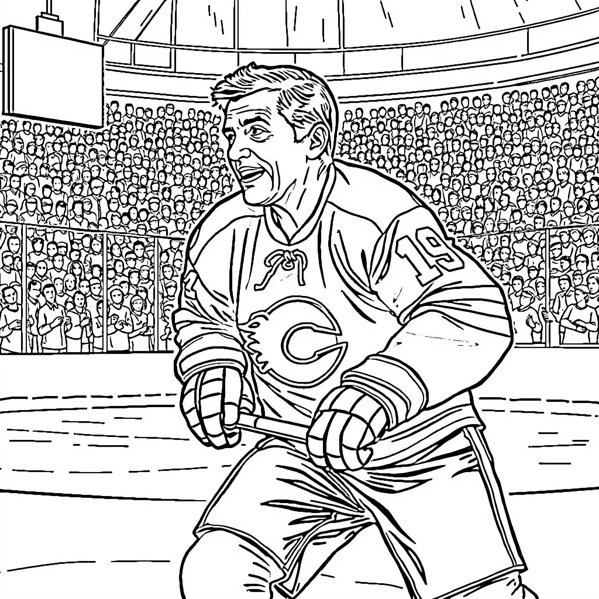 Frank Sinatra playing hockey on ice rink Coloring Page (free black-and-white line drawing printable PDF for all, from beginners to advanced learners, including children, teens, adults, and seniors)