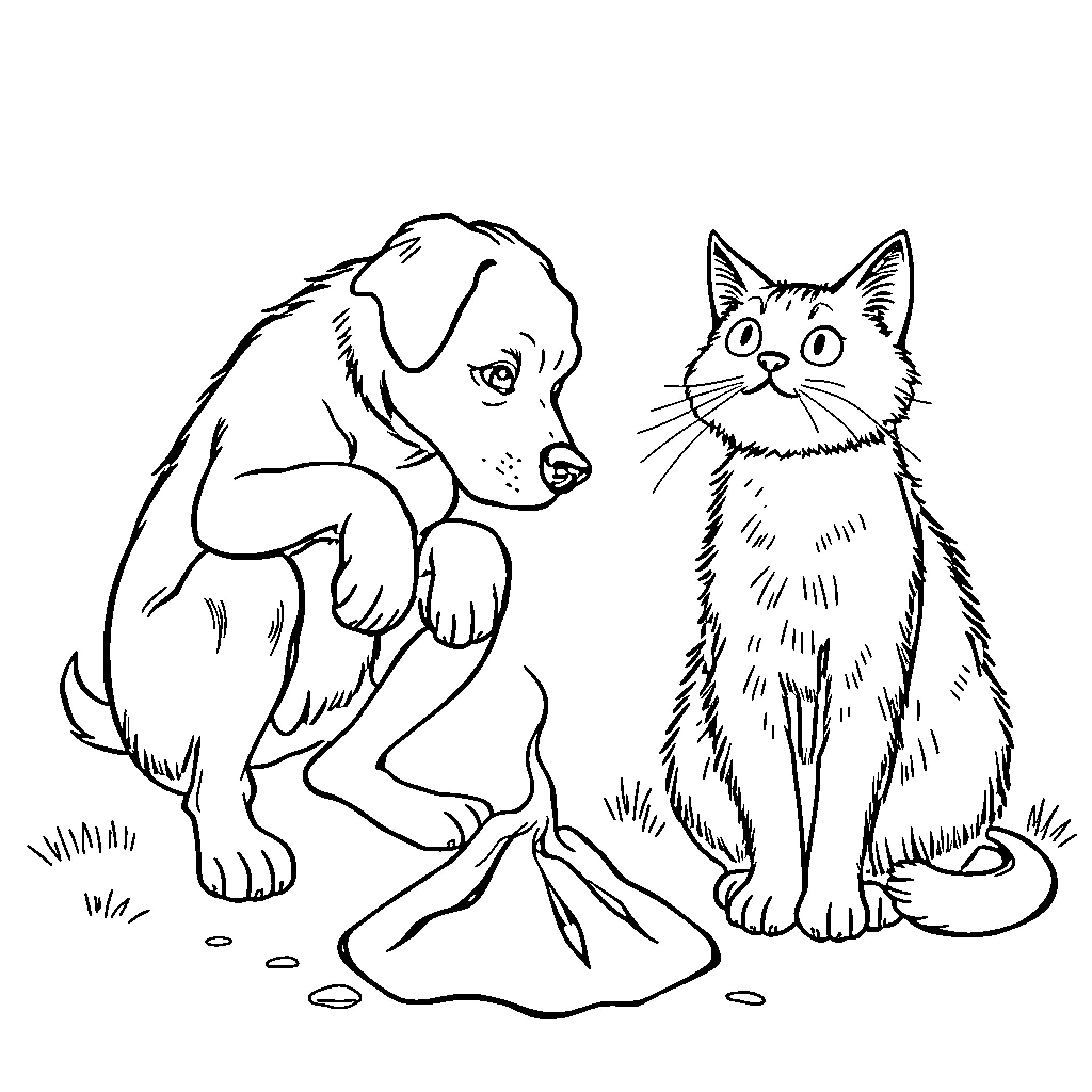 Dog and Cat Exploring Nature Together Coloring Page (free black-and-white line drawing printable PDF for all, from beginners to advanced learners, including children, teens, adults, and seniors)