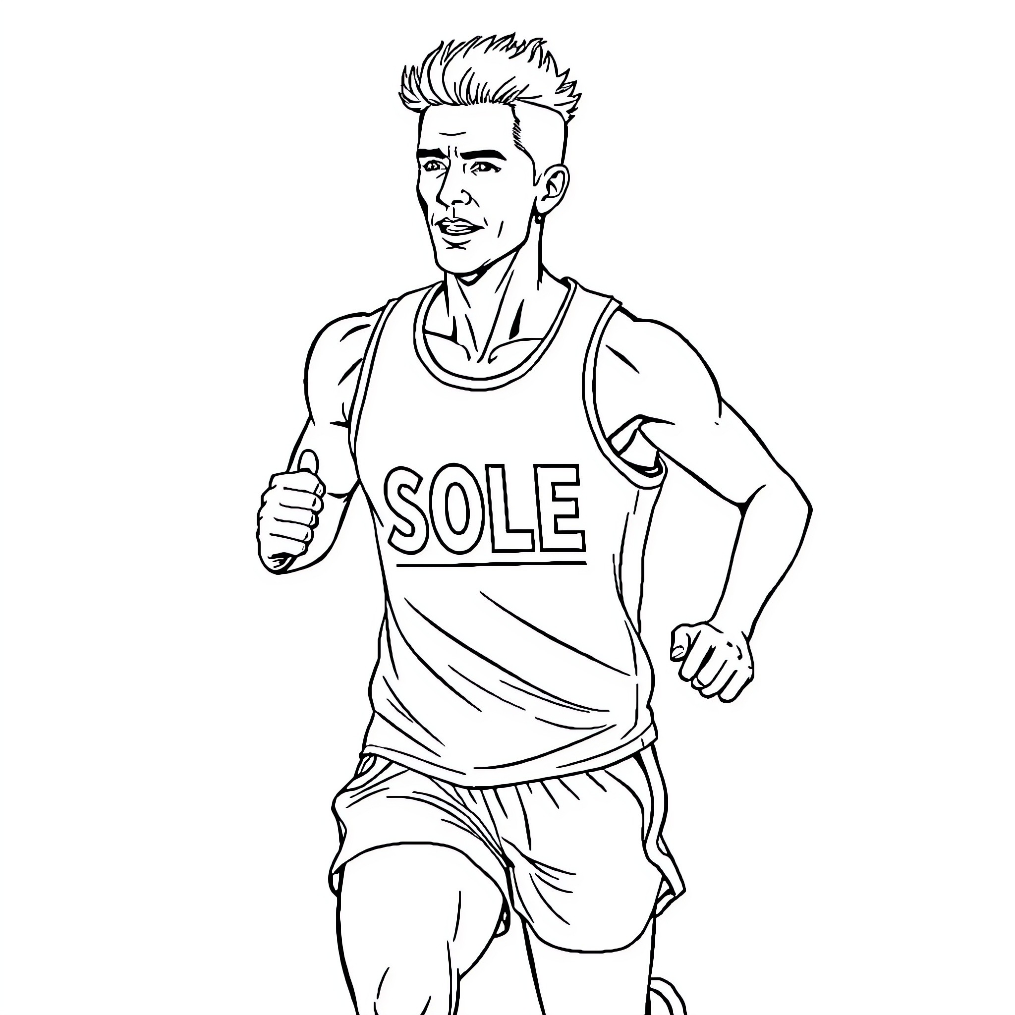 Runner with 'SOLE' jersey in determined pose Coloring Page (free black-and-white line drawing printable PDF for all, from beginners to advanced learners, including children, teens, adults, and seniors)