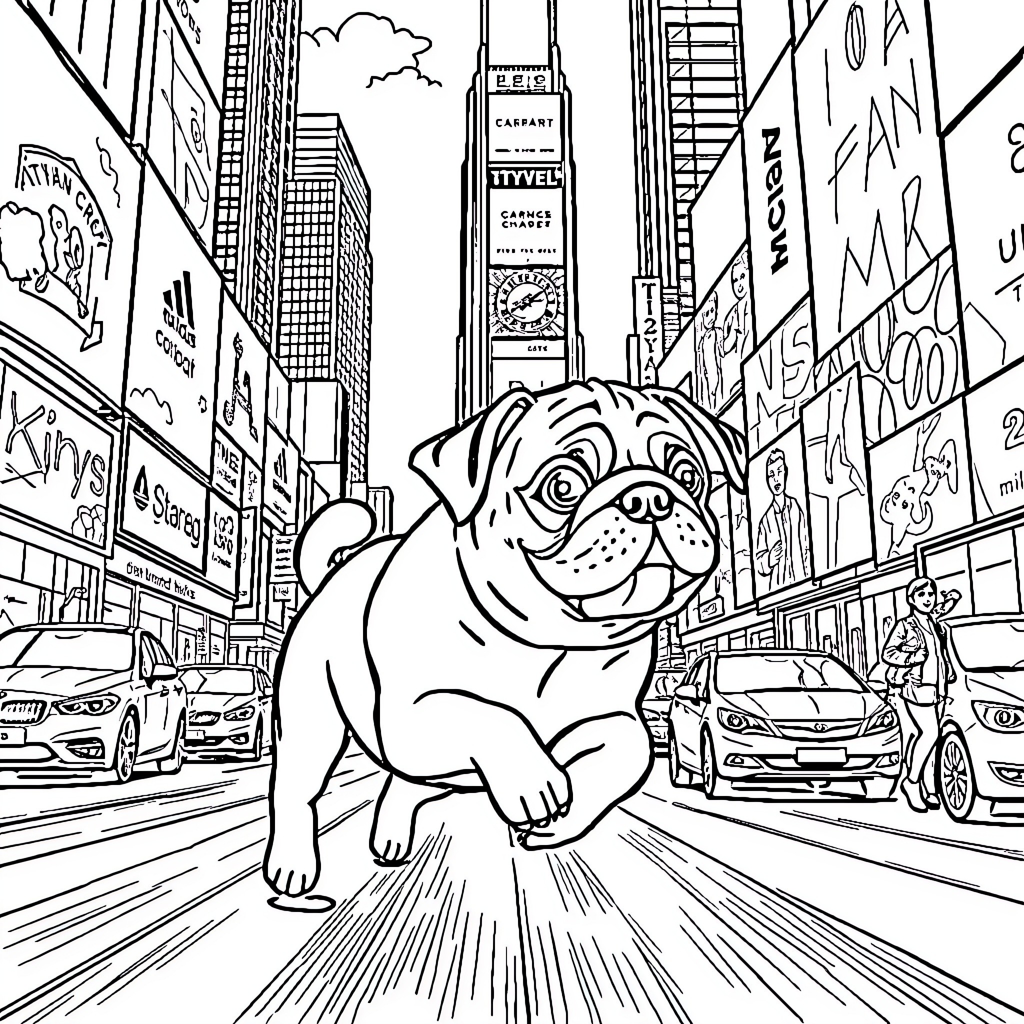 Pug exploring the bustling city streets Coloring Page (free black-and-white line drawing printable PDF for all, from beginners to advanced learners, including children, teens, adults, and seniors)