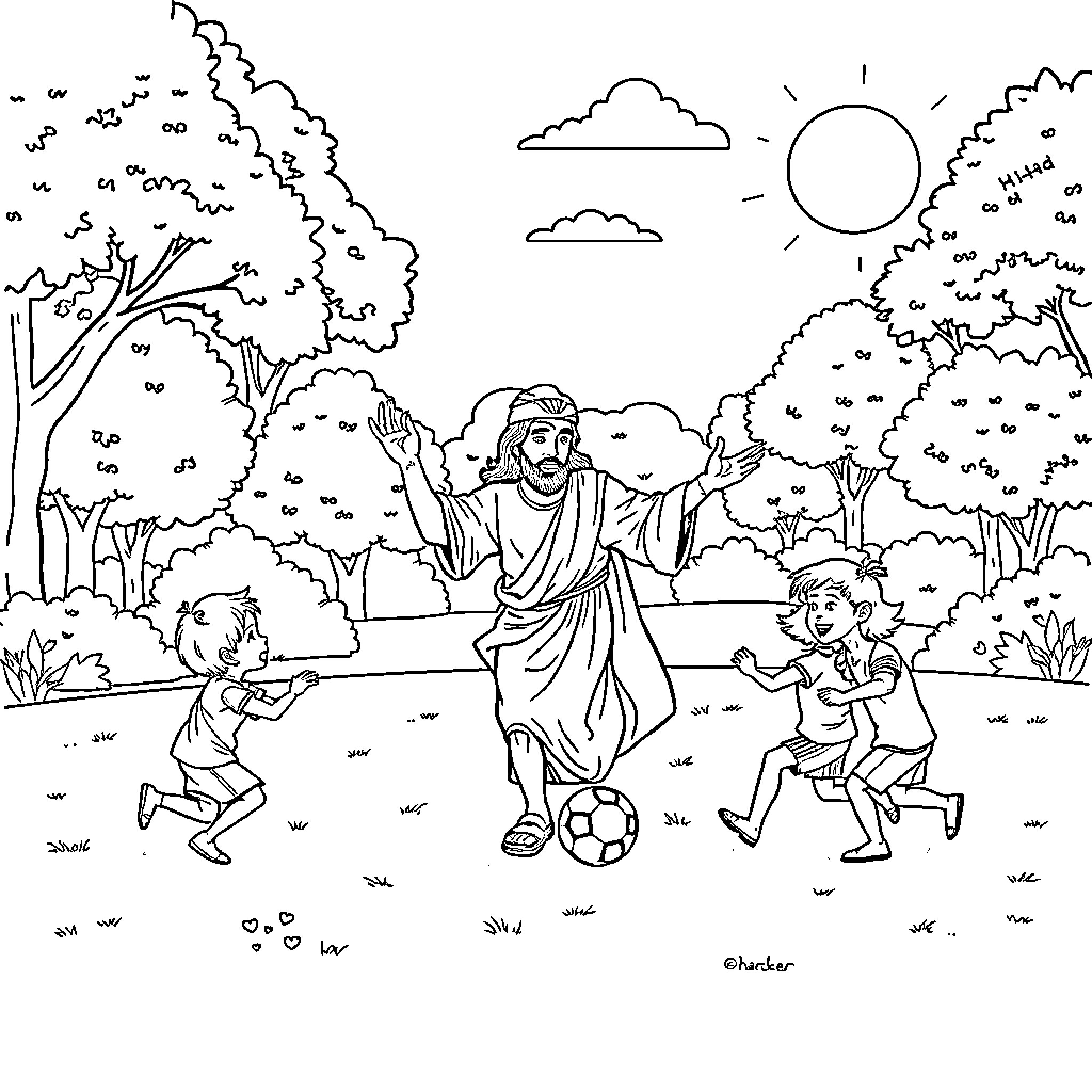Jesus playing with children in the garden Coloring Page (free black-and-white line drawing printable PDF for all, from beginners to advanced learners, including children, teens, adults, and seniors)