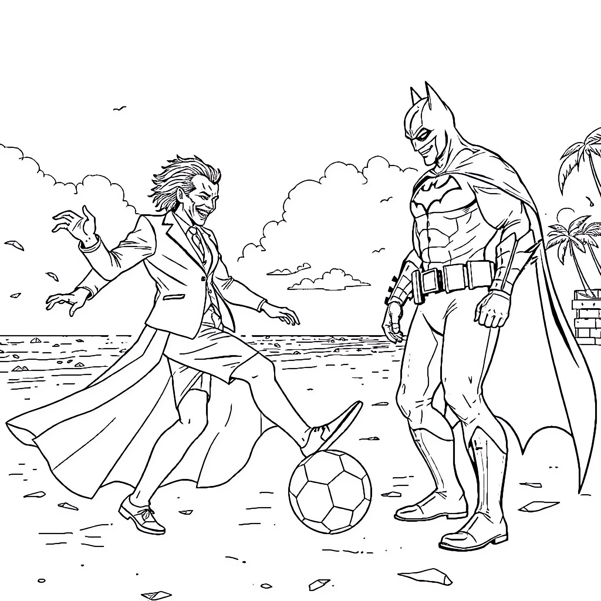 Batman and the Joker in a Playful Soccer Match Coloring Page (free black-and-white line drawing printable PDF for all, from beginners to advanced learners, including children, teens, adults, and seniors)