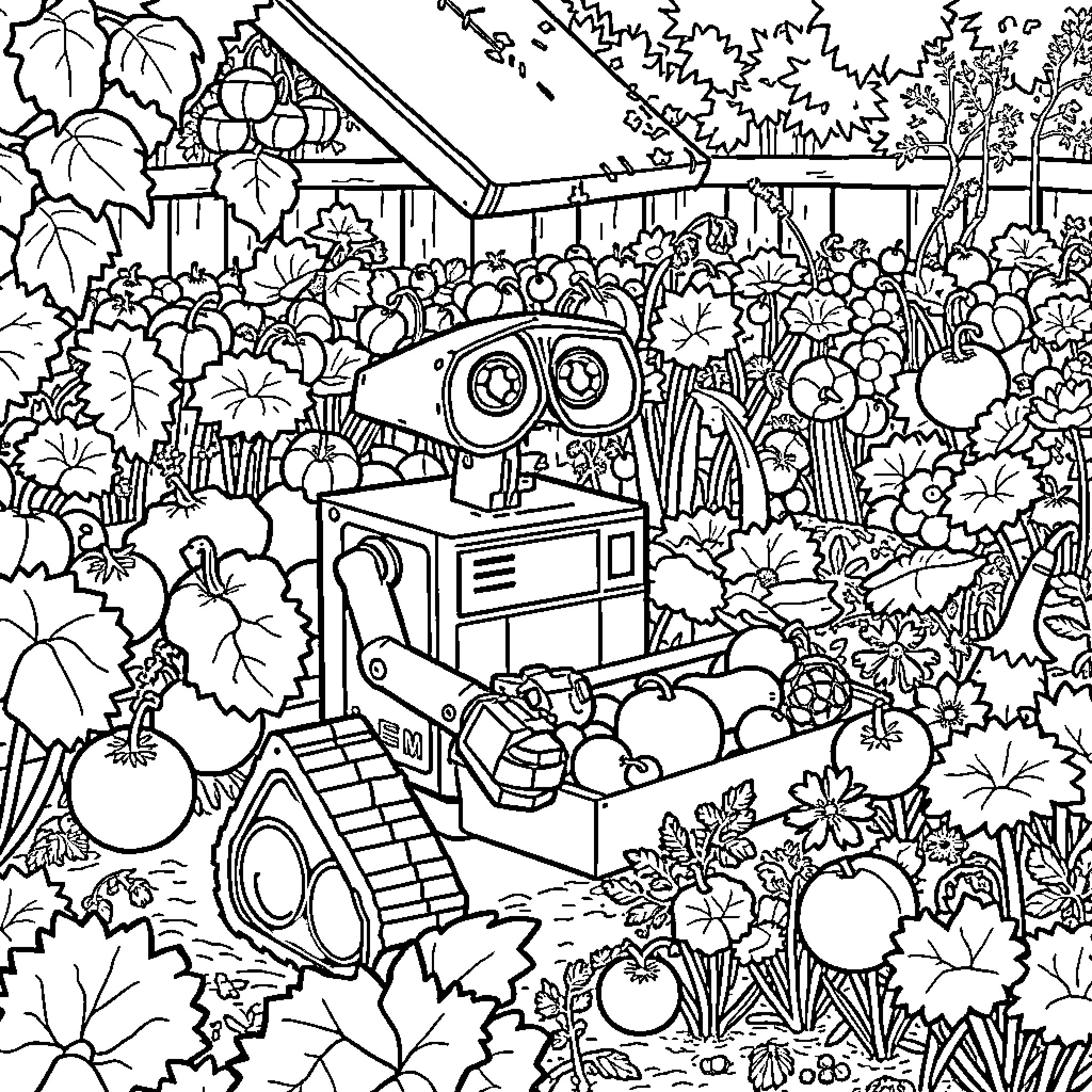 Wall-E exploring an overgrown garden Coloring Page (free black-and-white line drawing printable PDF for all, from beginners to advanced learners, including children, teens, adults, and seniors)