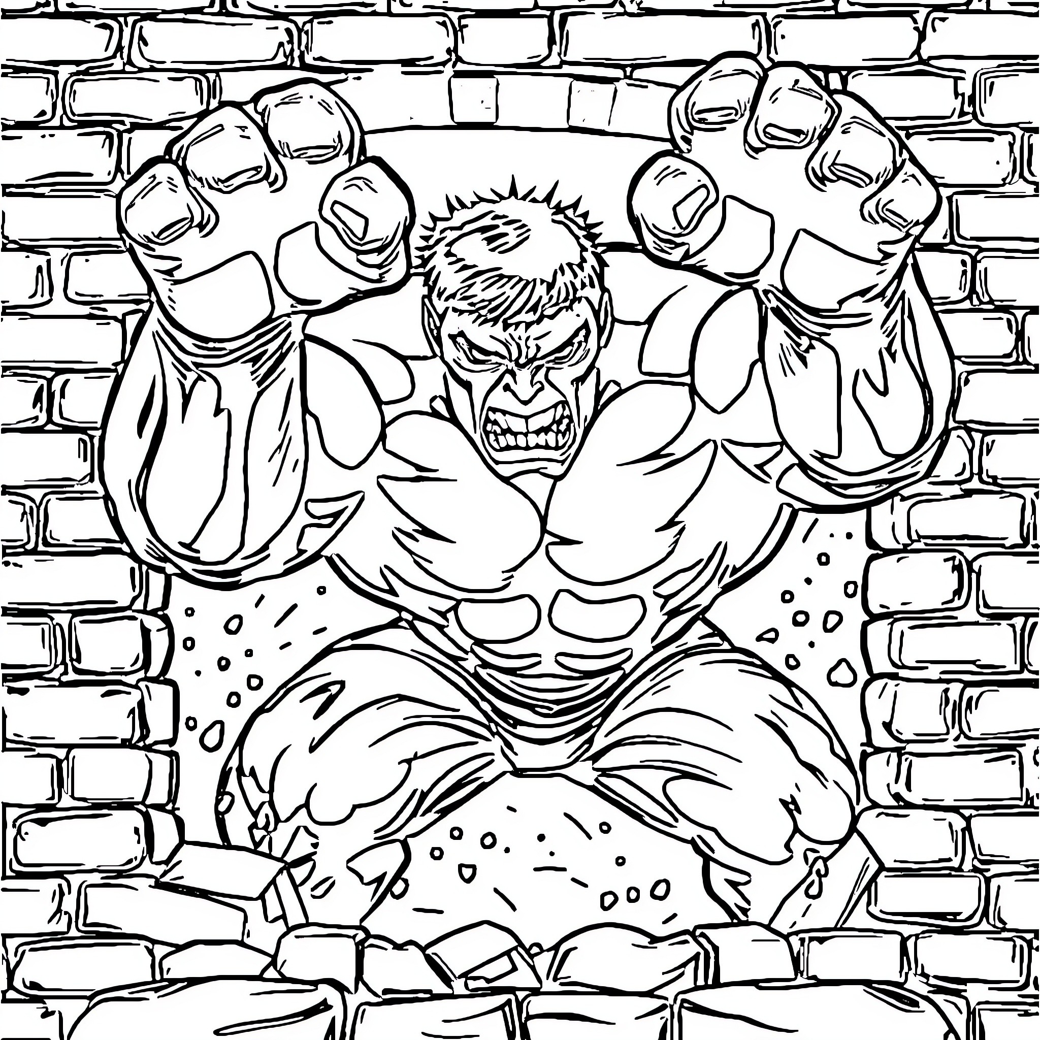 Hulk Smashing Through Brick Wall in Rage Coloring Page (free black-and-white line drawing printable PDF for all, from beginners to advanced learners, including children, teens, adults, and seniors)