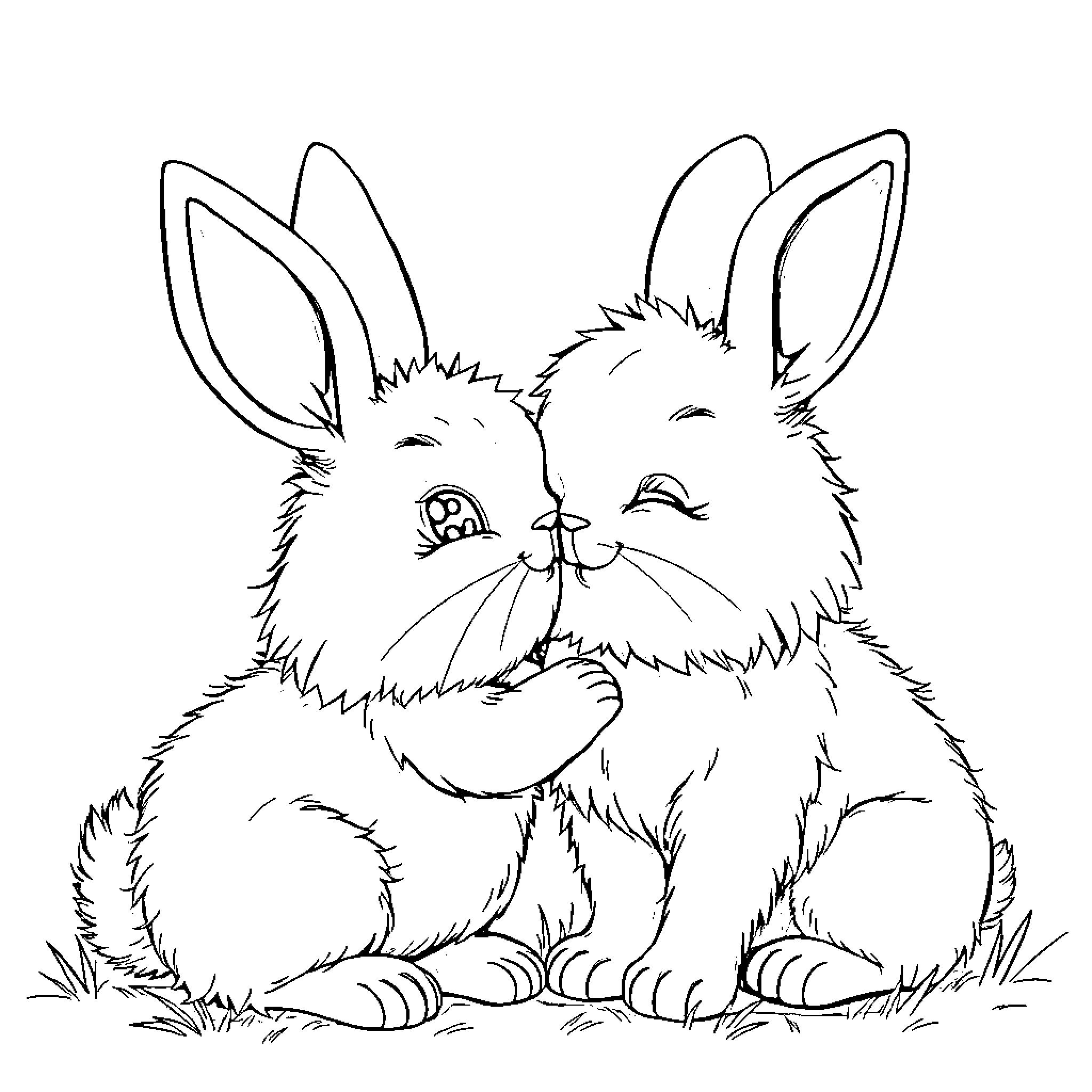 Bunnies resting together in the grass Coloring Page (free black-and-white line drawing printable PDF for all, from beginners to advanced learners, including children, teens, adults, and seniors)