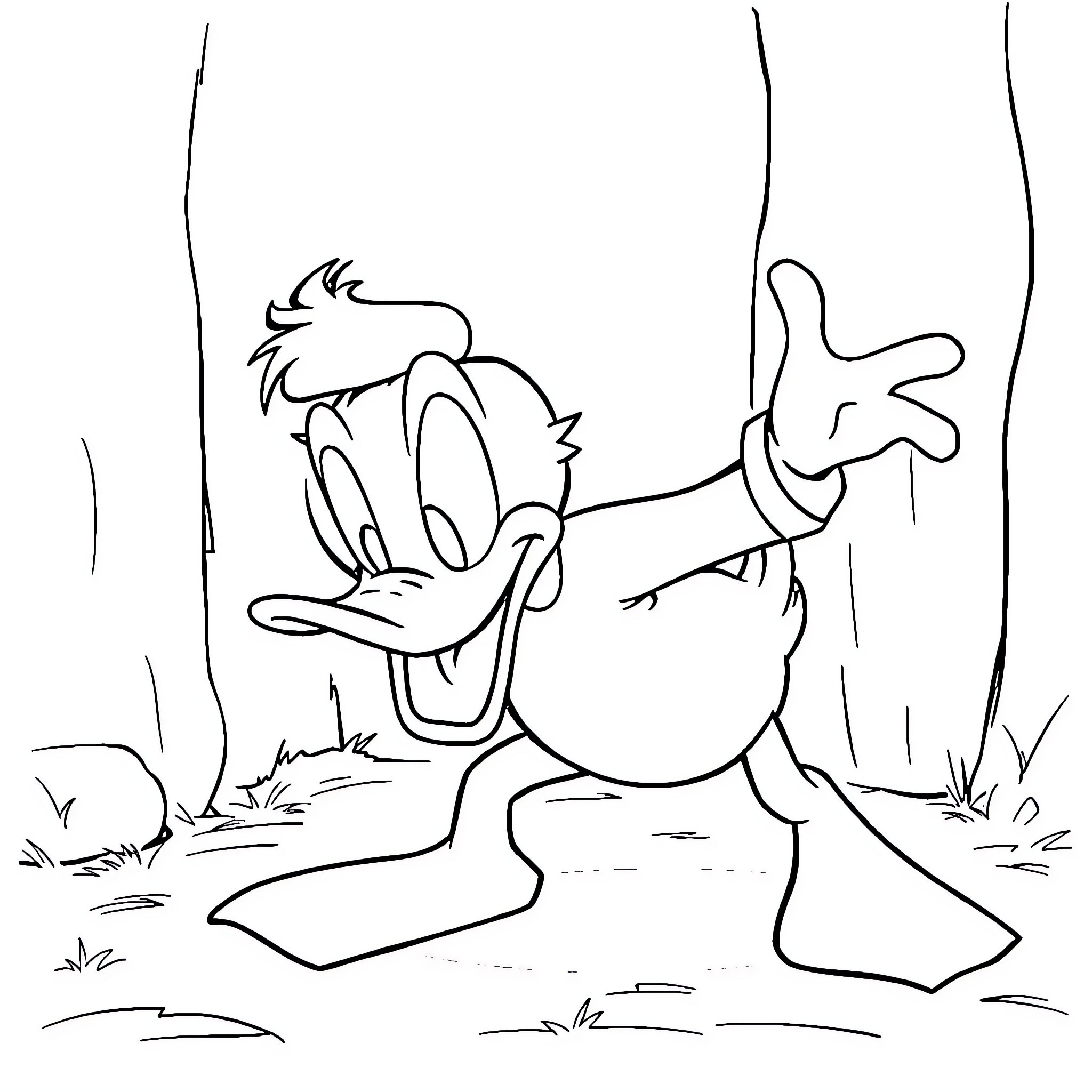Donald Duck joyfully running in the wilderness Coloring Page (free black-and-white line drawing printable PDF for all, from beginners to advanced learners, including children, teens, adults, and seniors)