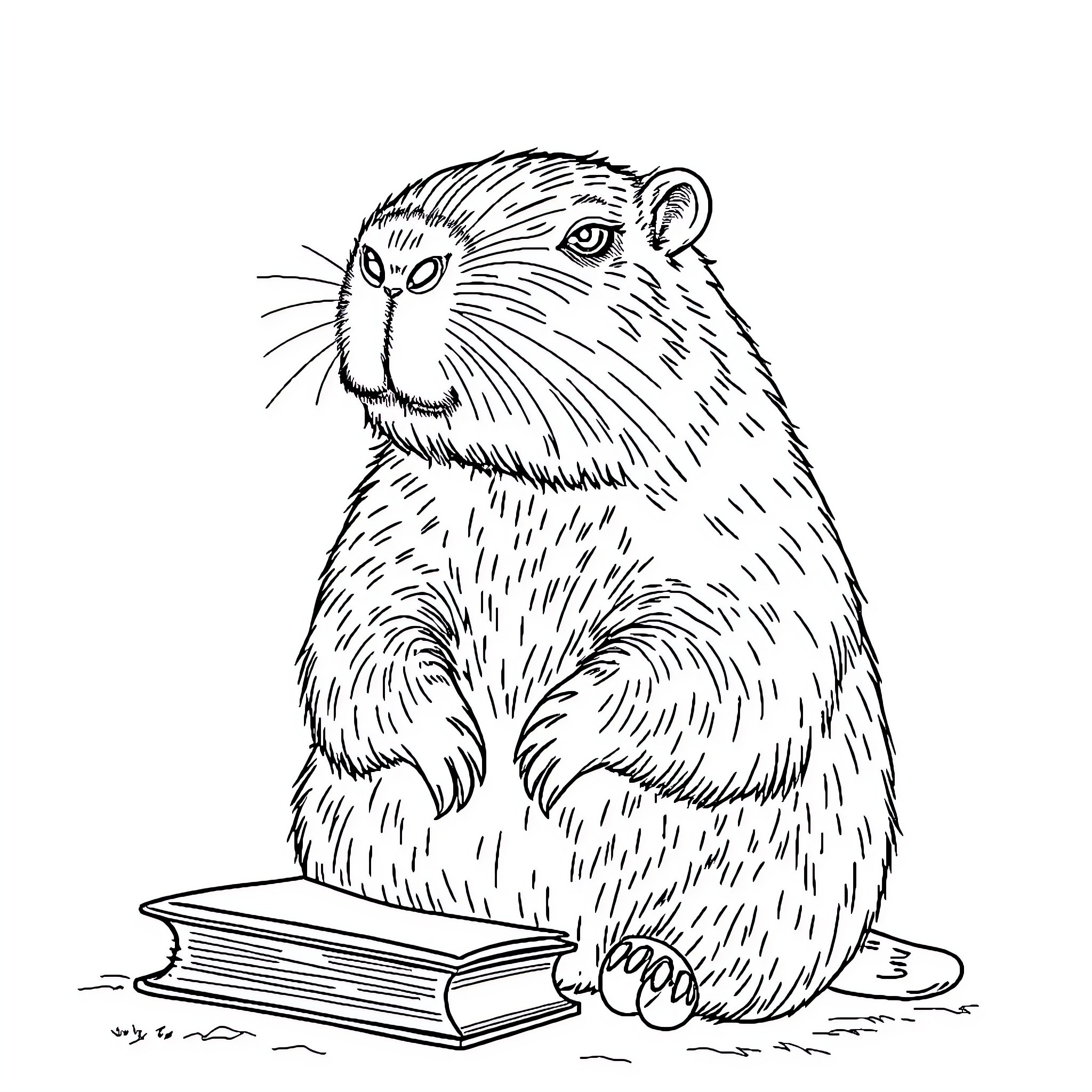 Capybara reading a book Coloring Page (free black-and-white line drawing printable PDF for all, from beginners to advanced learners, including children, teens, adults, and seniors)