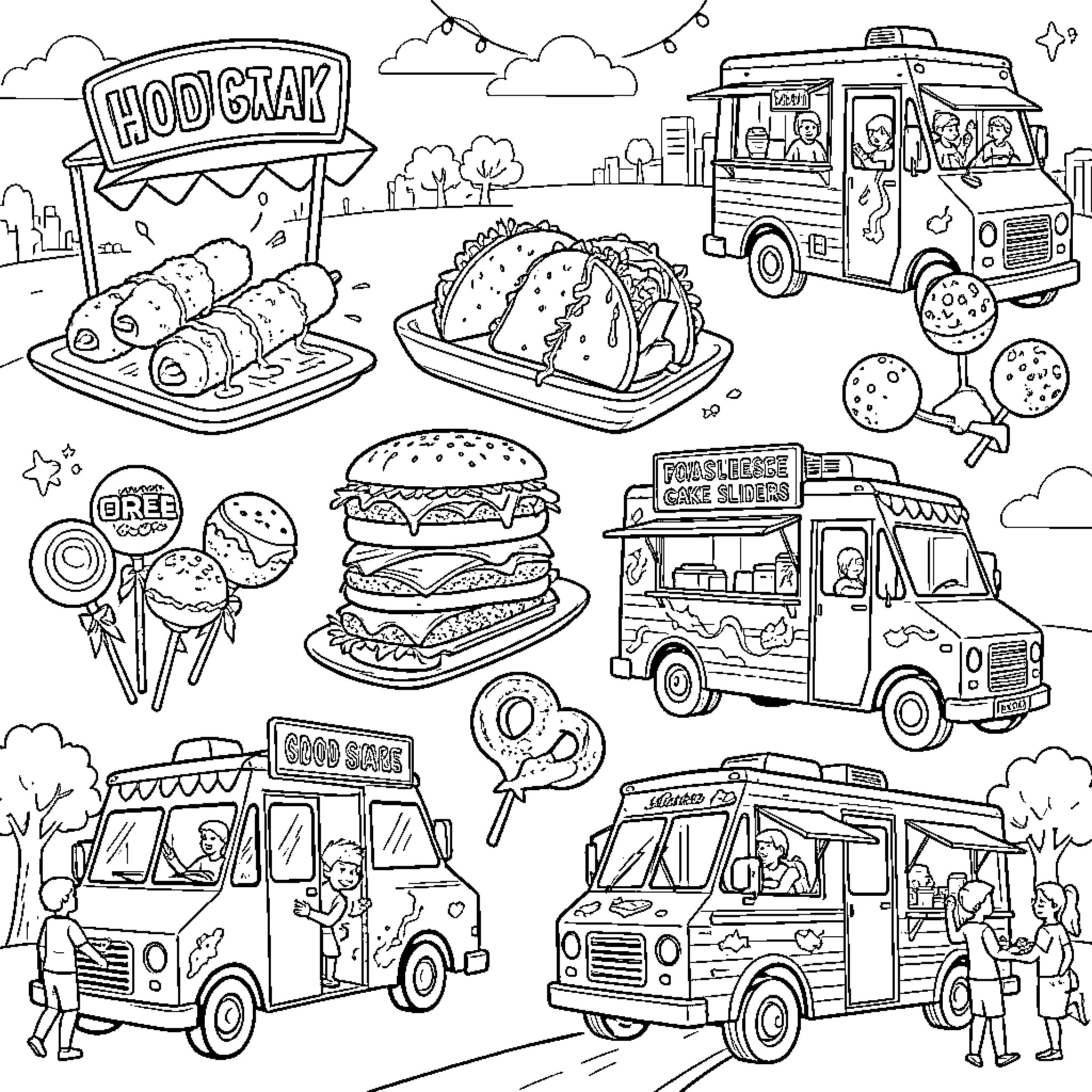 Food Truck Scene with Diverse Dishes and Serving Coloring Page (free black-and-white line drawing printable PDF for all, from beginners to advanced learners, including children, teens, adults, and seniors)