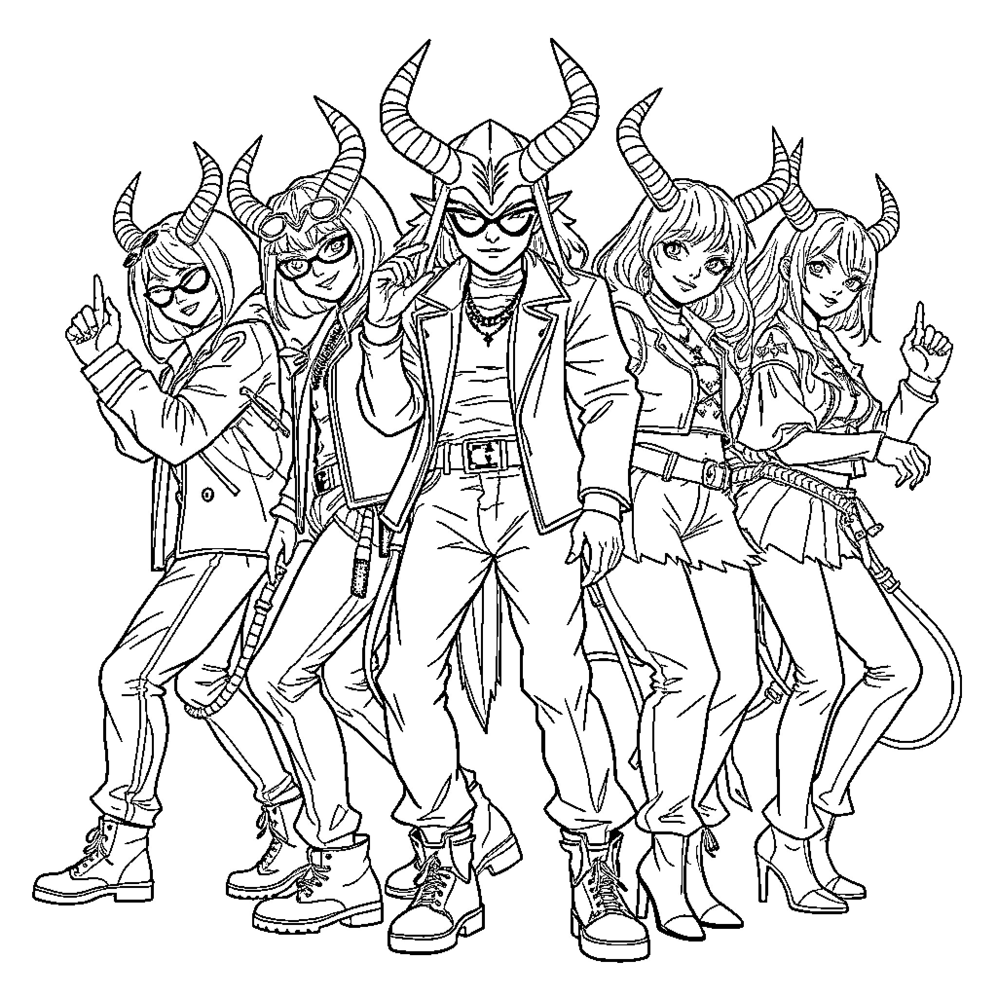 Demon Hunter Squad Striking Powerful Poses Coloring Page (free black-and-white line drawing printable PDF for all, from beginners to advanced learners, including children, teens, adults, and seniors)