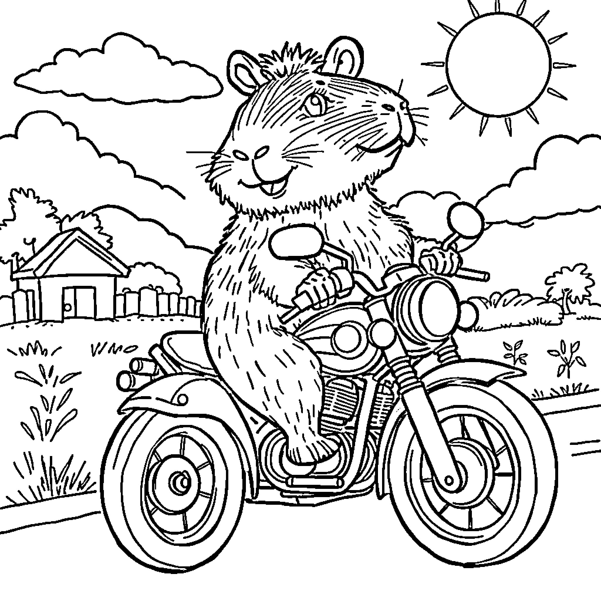 Capybara riding a motorcycle on a sunny day Coloring Page (free black-and-white line drawing printable PDF for all, from beginners to advanced learners, including children, teens, adults, and seniors)