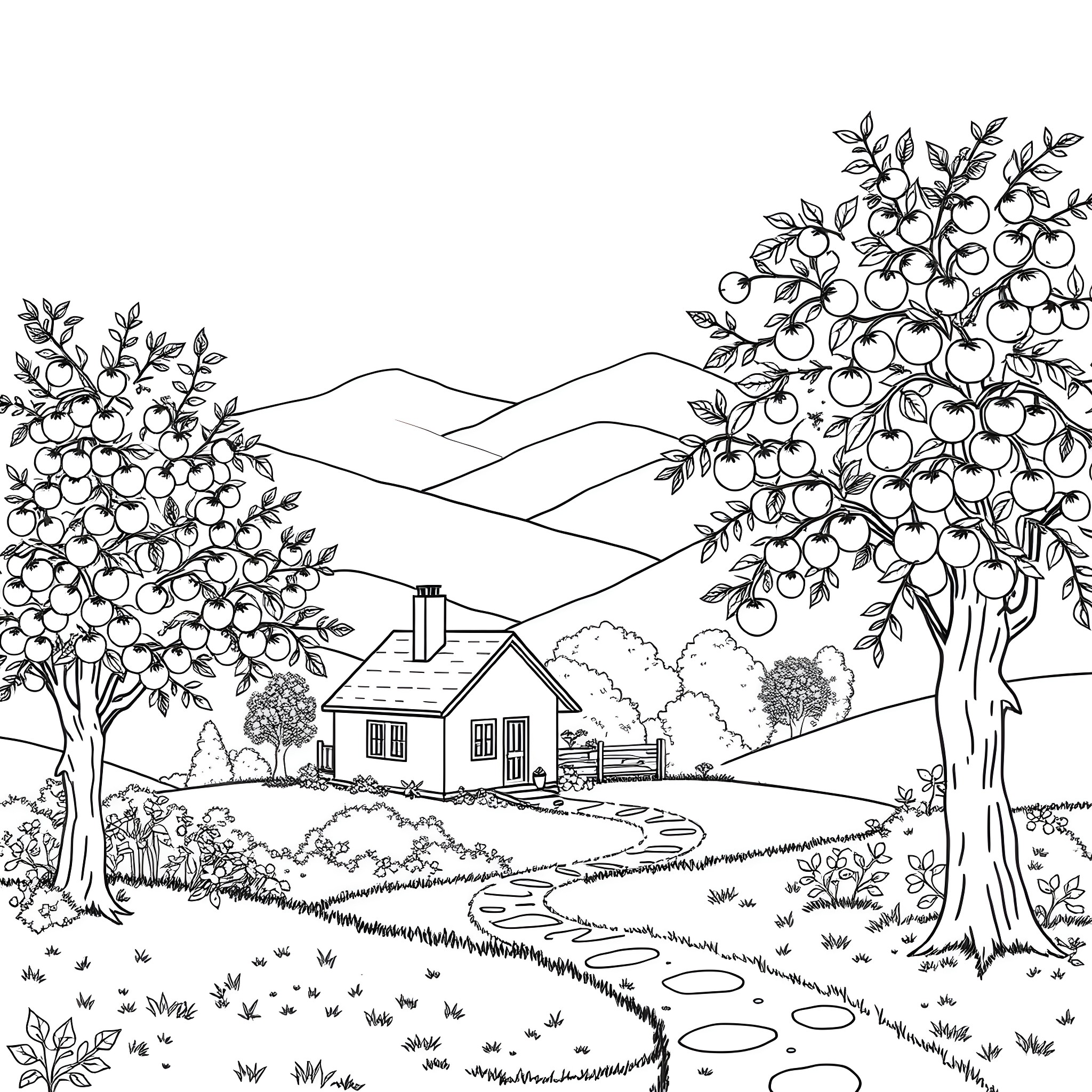 House in Scenic Countryside Landscape Coloring Page (free black-and-white line drawing printable PDF for all, from beginners to advanced learners, including children, teens, adults, and seniors)