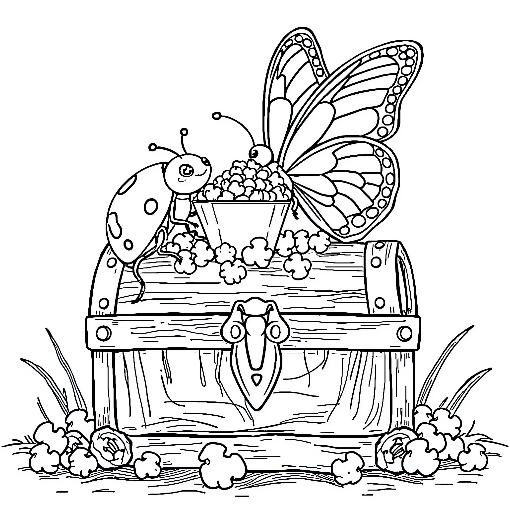 Ladybug exploring a wooden treasure chest in the garden Coloring Page (free black-and-white line drawing printable PDF for all, from beginners to advanced learners, including children, teens, adults, and seniors)