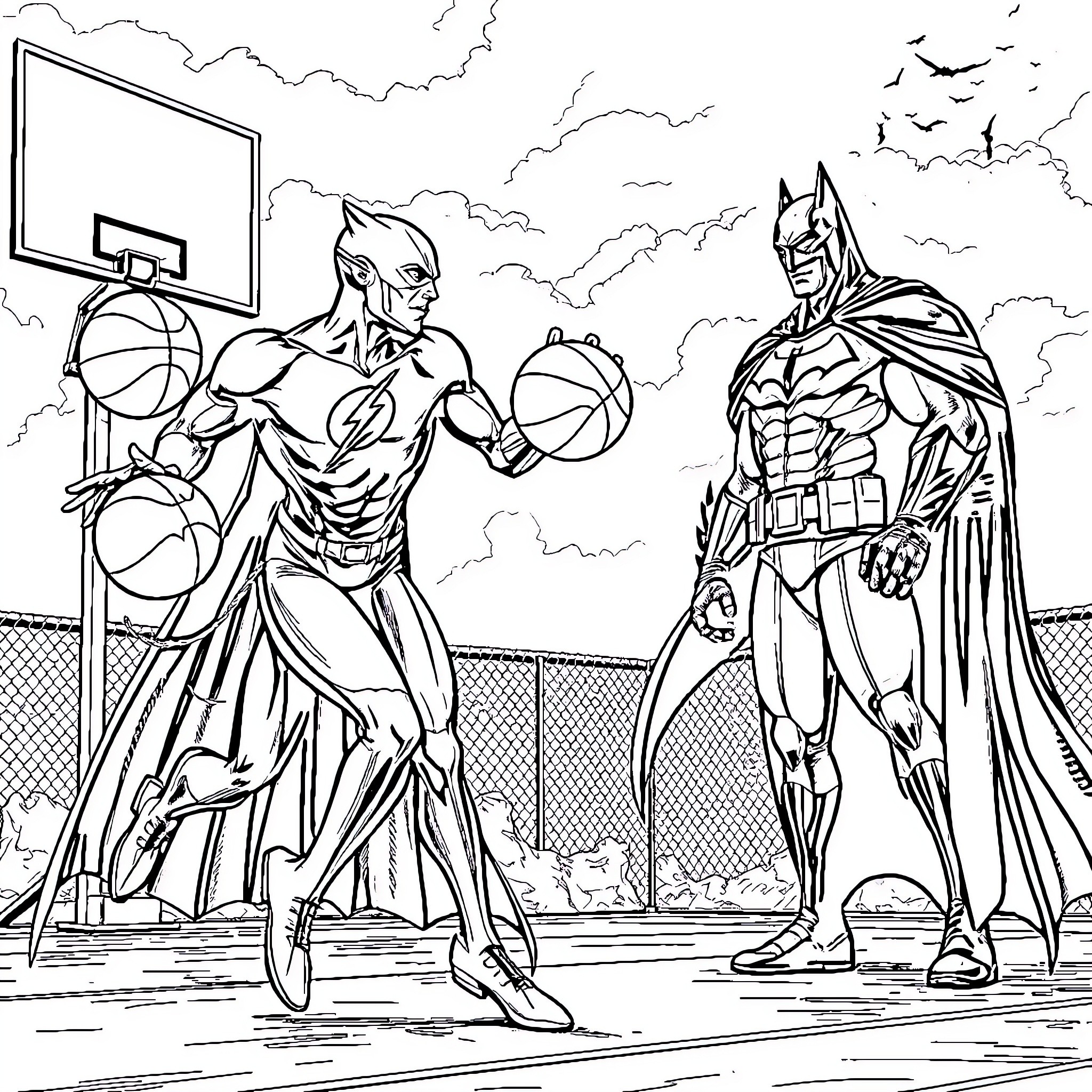 Flash Basketball Game with Superhero Duo Coloring Page (free black-and-white line drawing printable PDF for all, from beginners to advanced learners, including children, teens, adults, and seniors)