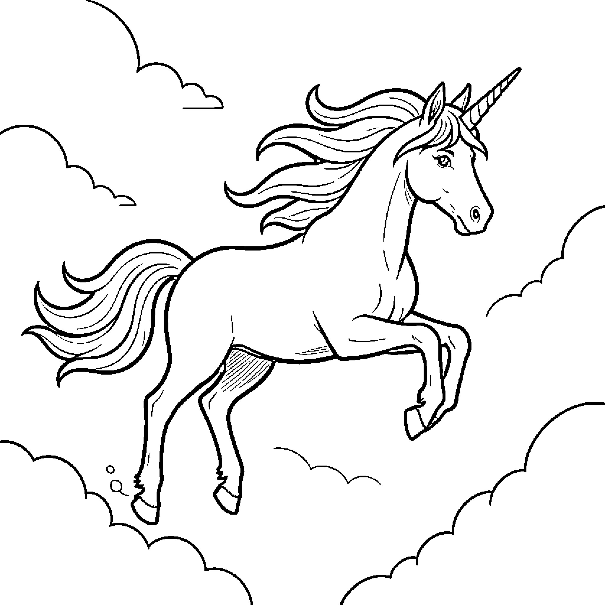 Unicorn galloping majestically through the clouds Coloring Page (free black-and-white line drawing printable PDF for all, from beginners to advanced learners, including children, teens, adults, and seniors)
