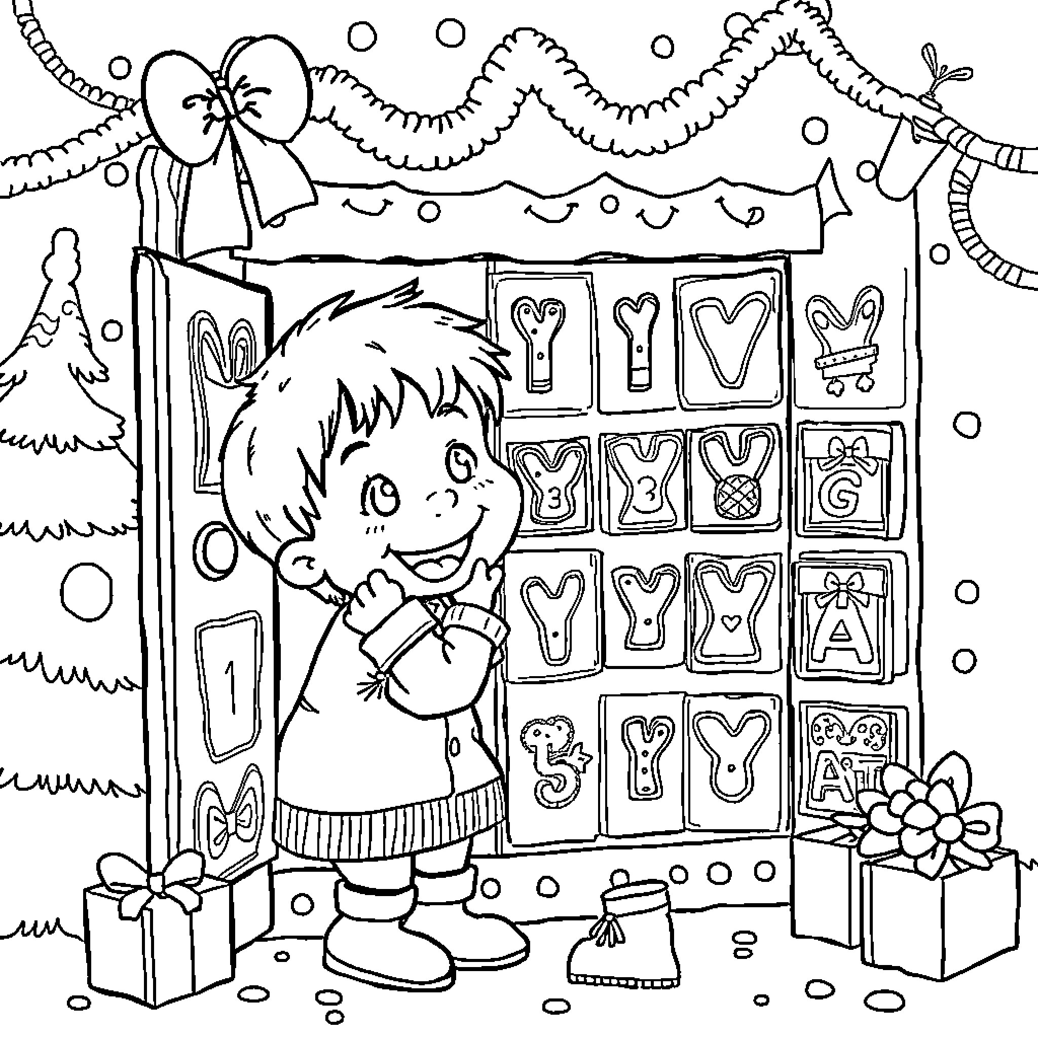 Kid decorating a holiday advent calendar Coloring Page (free black-and-white line drawing printable PDF for all, from beginners to advanced learners, including children, teens, adults, and seniors)