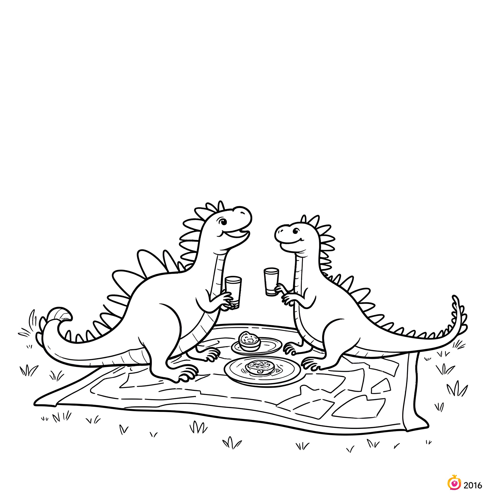 Dinosaurs enjoying a picnic in the park Coloring Page (free black-and-white line drawing printable PDF for all, from beginners to advanced learners, including children, teens, adults, and seniors)