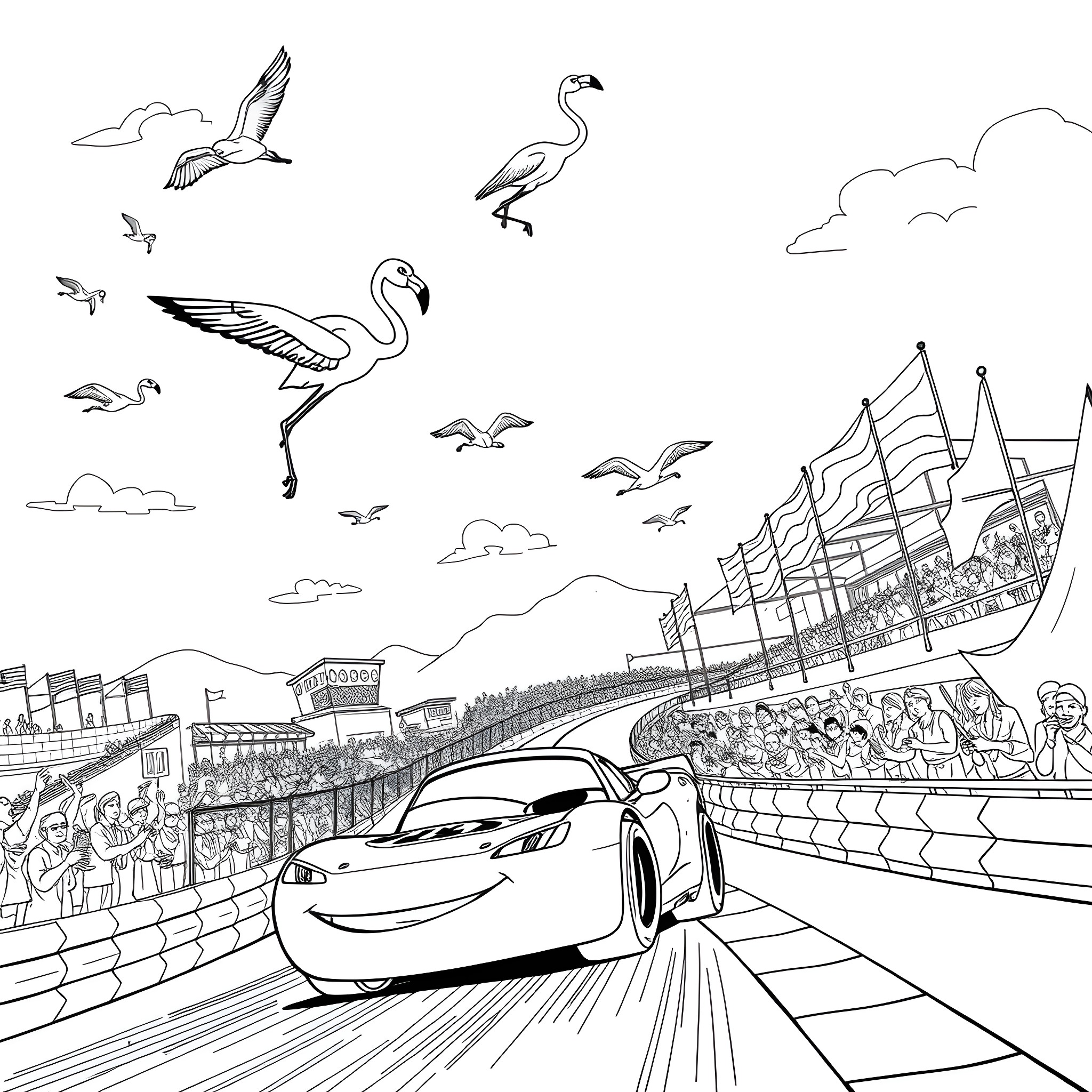 Flamingos soaring above a racing car event Coloring Page (free black-and-white line drawing printable PDF for all, from beginners to advanced learners, including children, teens, adults, and seniors)