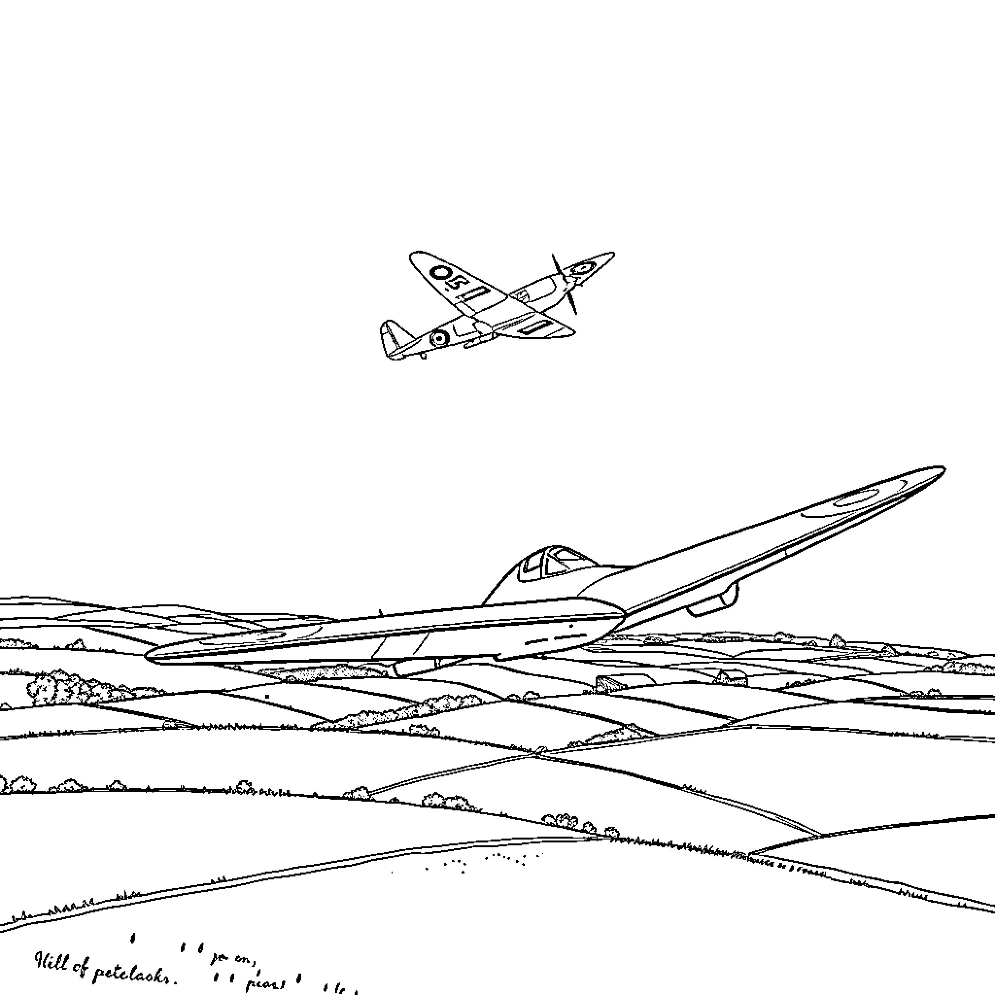 Aircraft soaring over scenic landscape Coloring Page (free black-and-white line drawing printable PDF for all, from beginners to advanced learners, including children, teens, adults, and seniors)