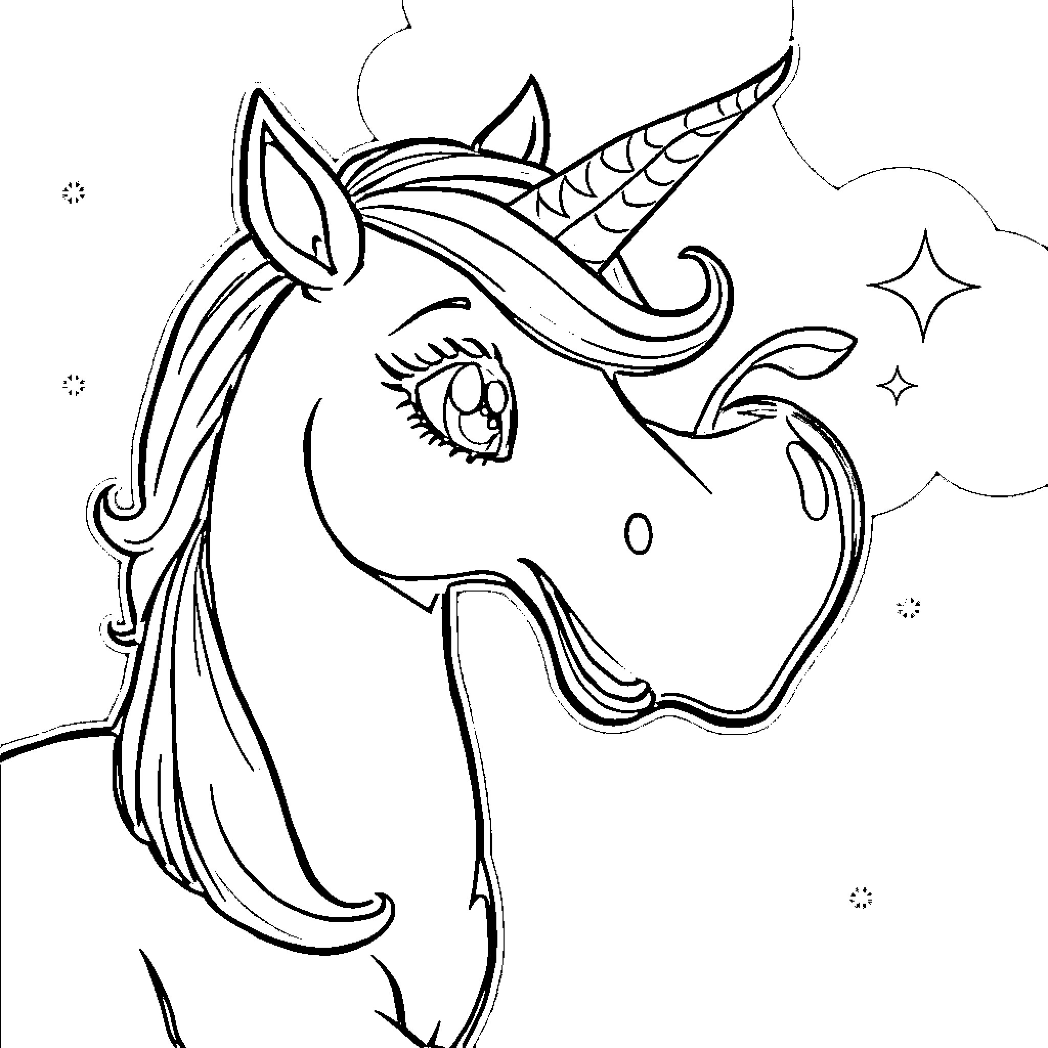 Unicorn Gazing Amidst Enchanting Scenery Coloring Page (free black-and-white line drawing printable PDF for all, from beginners to advanced learners, including children, teens, adults, and seniors)