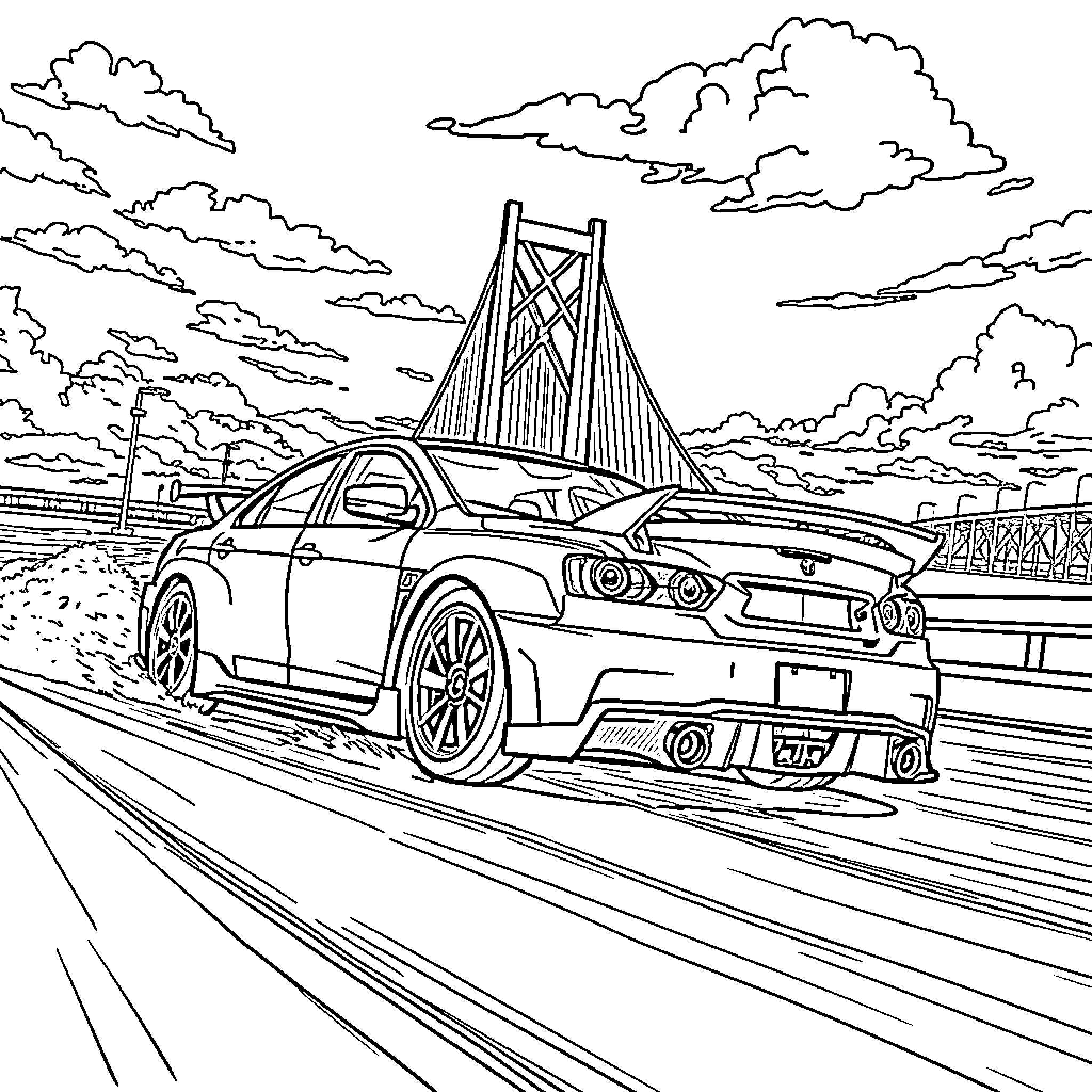 Lancer speeding across the bridge Coloring Page (free black-and-white line drawing printable PDF for all, from beginners to advanced learners, including children, teens, adults, and seniors)