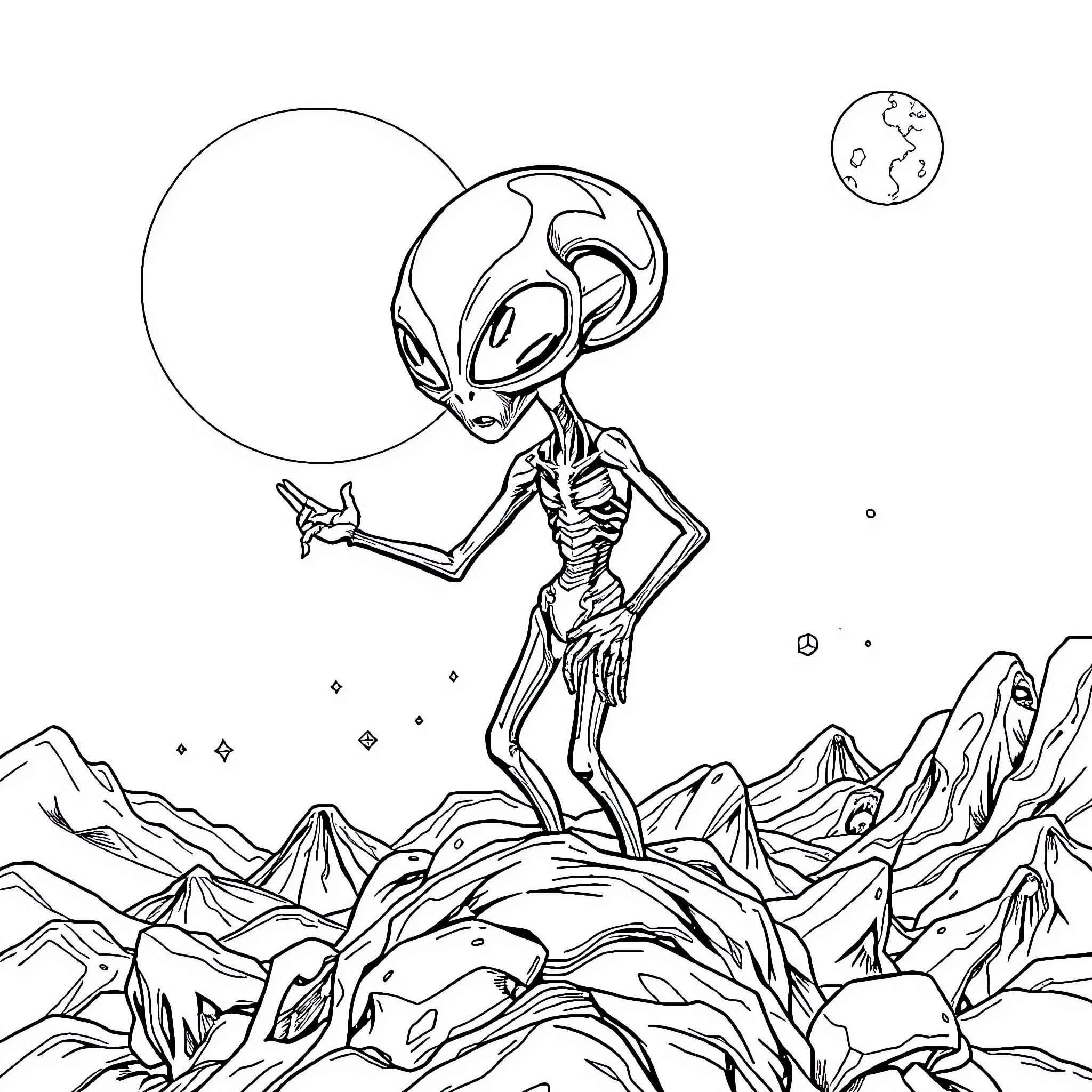 Alien exploring mysterious planetary landscape Coloring Page (free black-and-white line drawing printable PDF for all, from beginners to advanced learners, including children, teens, adults, and seniors)