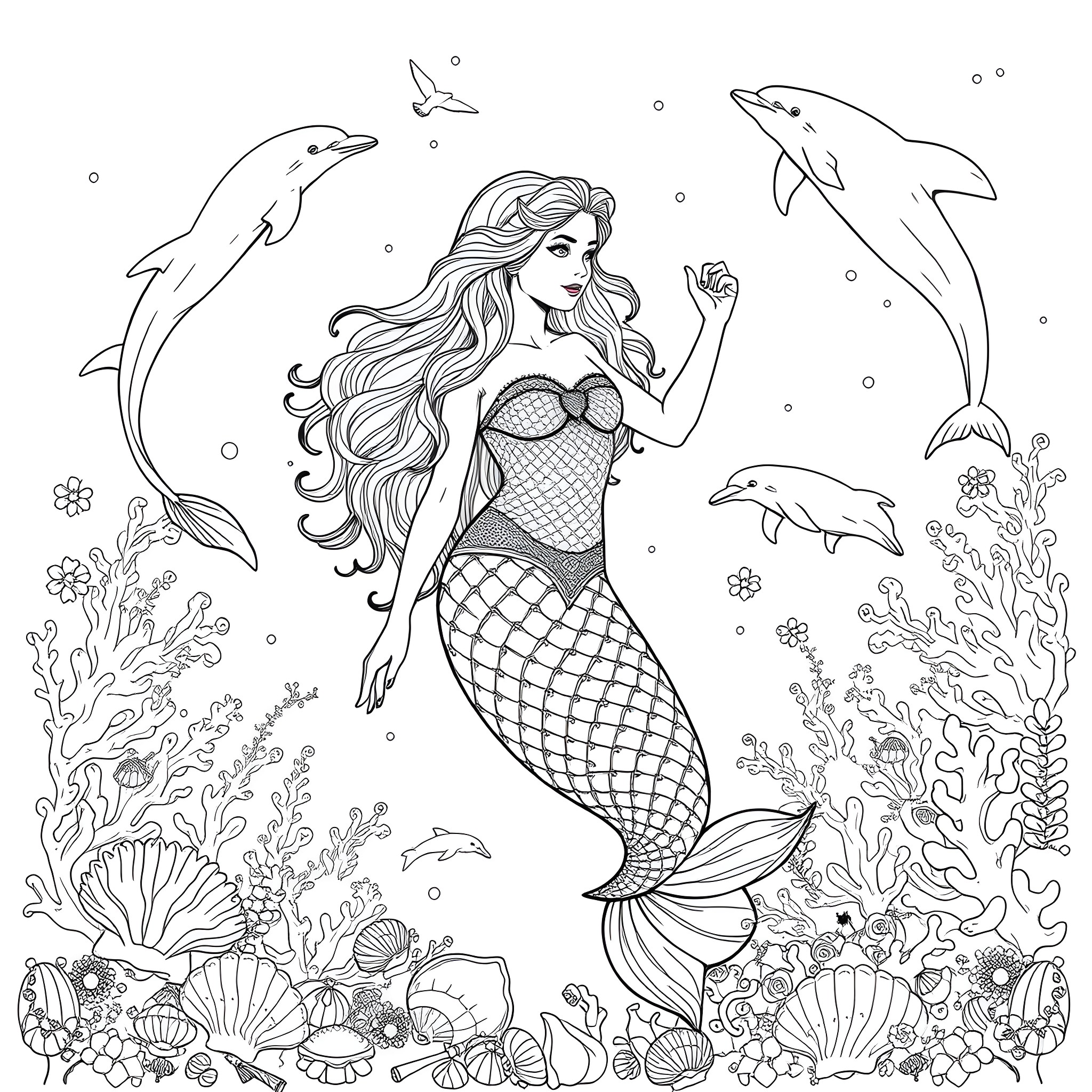 Hermione the Mermaid Exploring the Underwater World Coloring Page (free black-and-white line drawing printable PDF for all, from beginners to advanced learners, including children, teens, adults, and seniors)