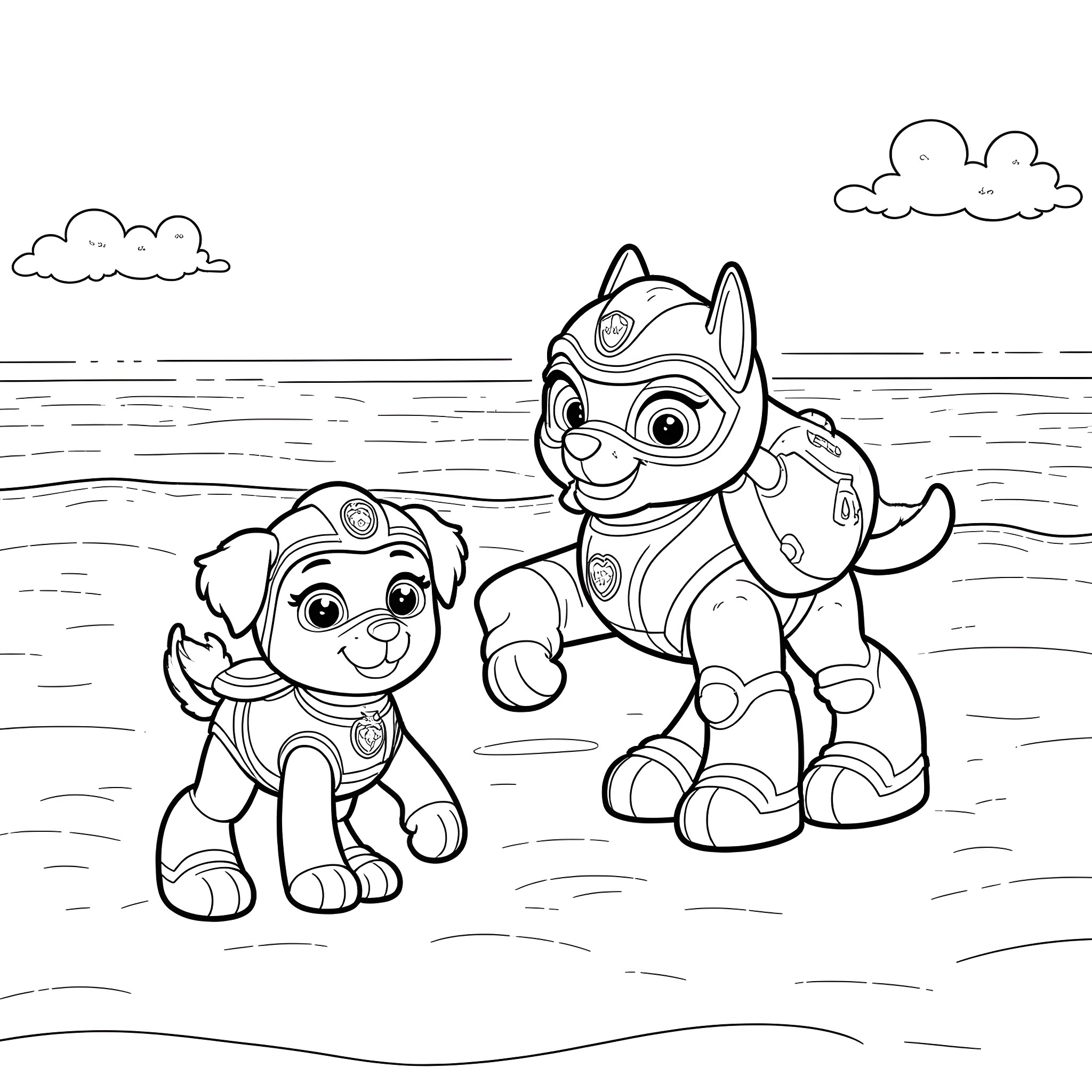 Transformer puppies on the beach Coloring Page (free black-and-white line drawing printable PDF for all, from beginners to advanced learners, including children, teens, adults, and seniors)