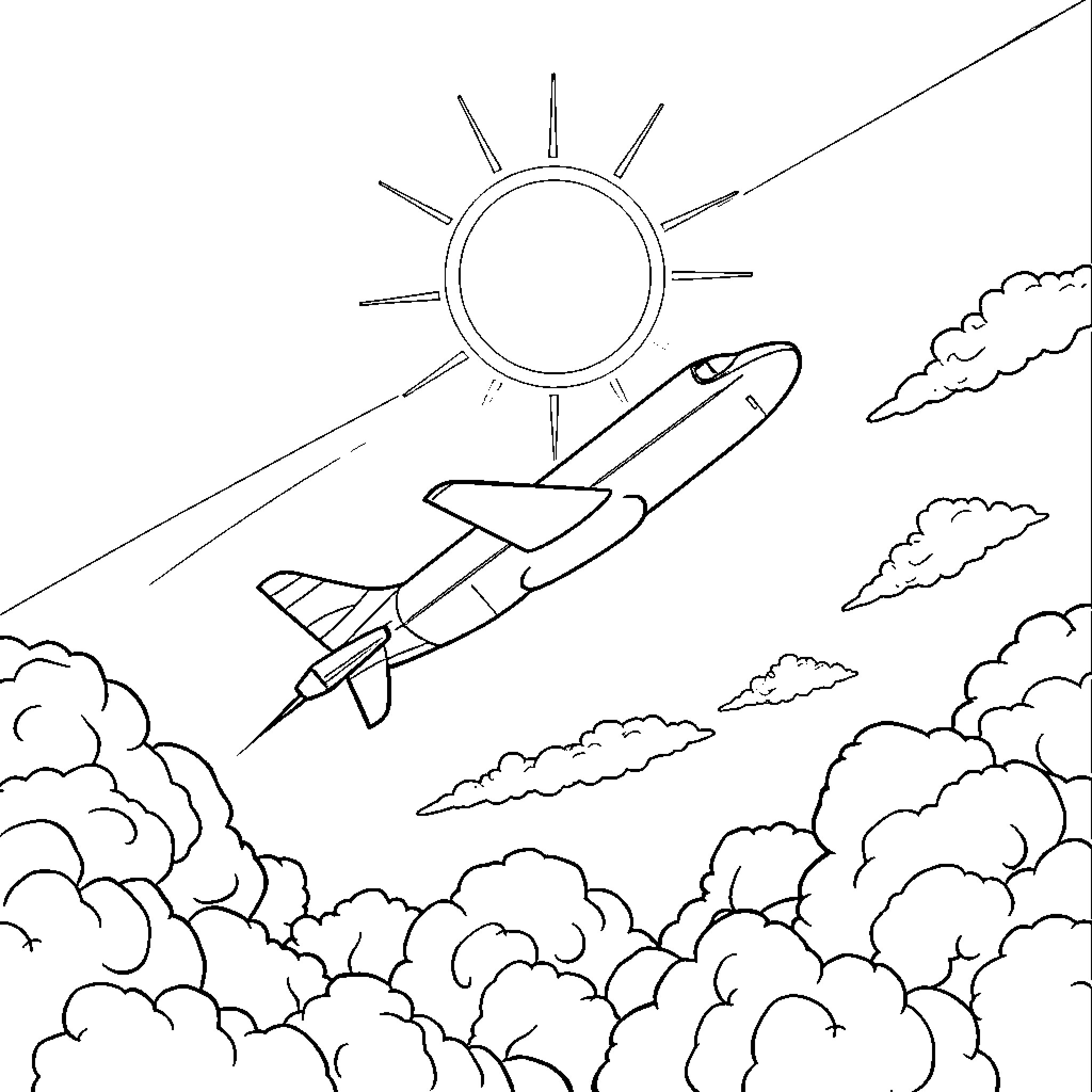 Plane soaring through the clouds in the sky Coloring Page (free black-and-white line drawing printable PDF for all, from beginners to advanced learners, including children, teens, adults, and seniors)