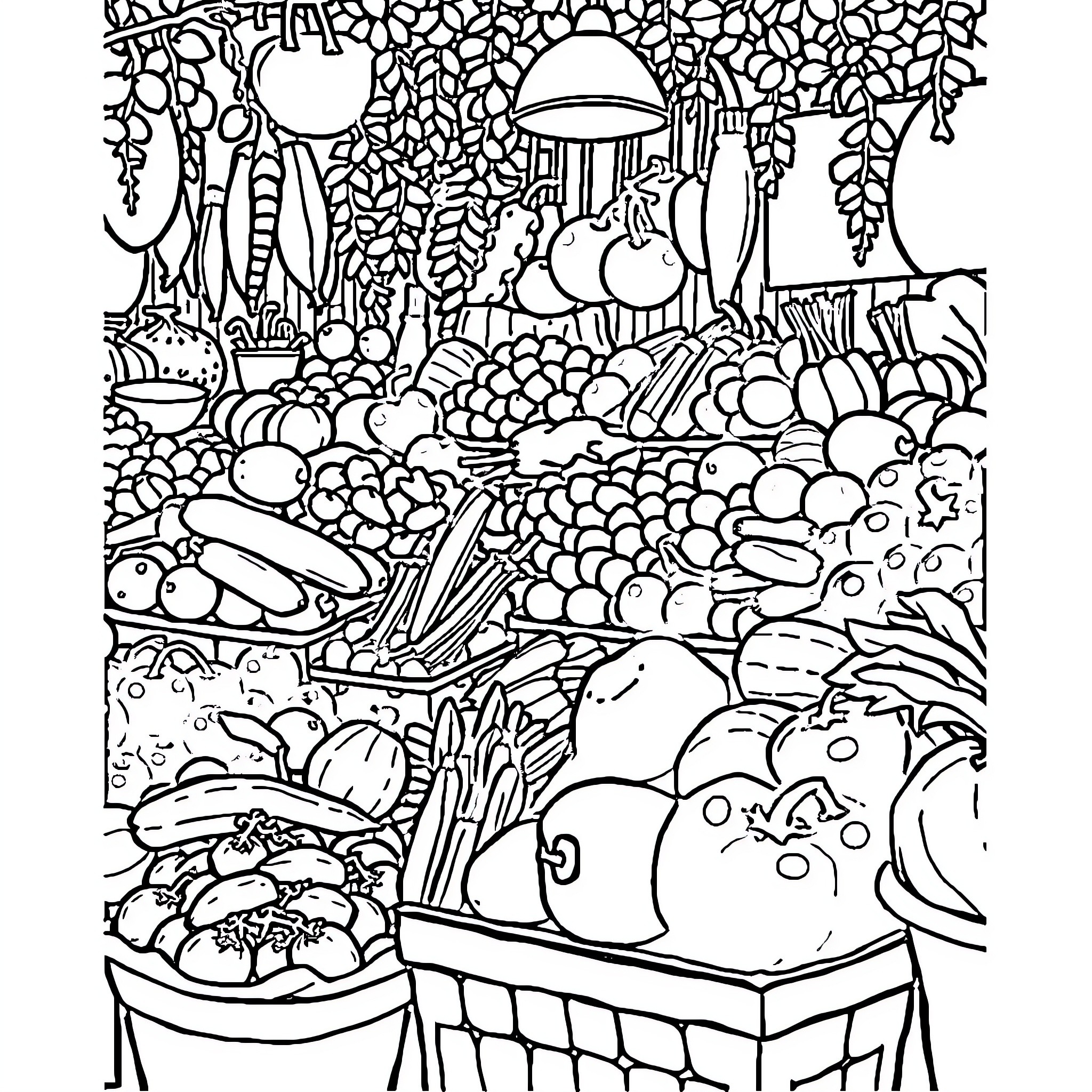 Fruit Harvest in a Vibrant Garden Coloring Page (free black-and-white line drawing printable PDF for all, from beginners to advanced learners, including children, teens, adults, and seniors)