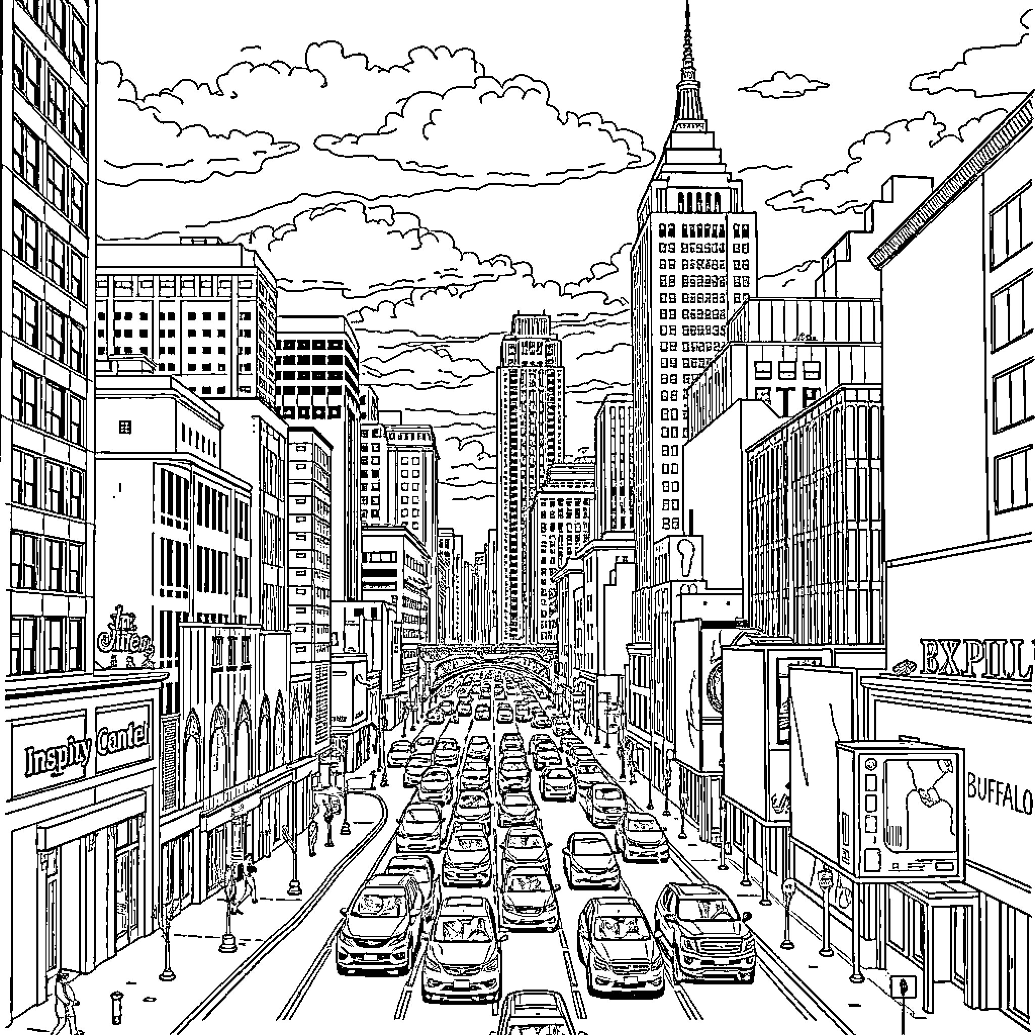 Buffalo-themed city skyline with busy traffic and skyscrapers Coloring Page (free black-and-white line drawing printable PDF for all, from beginners to advanced learners, including children, teens, adults, and seniors)