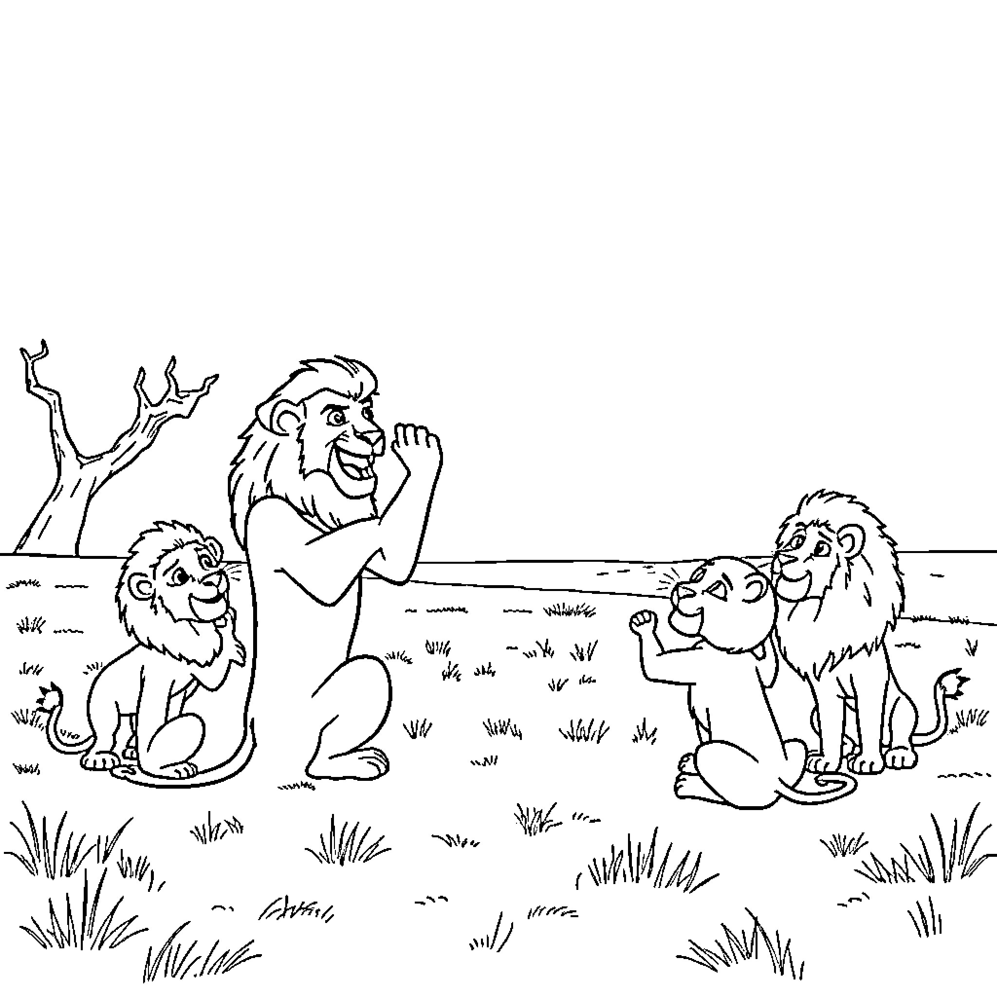 Scar confronts the lions in the wilderness Coloring Page (free black-and-white line drawing printable PDF for all, from beginners to advanced learners, including children, teens, adults, and seniors)