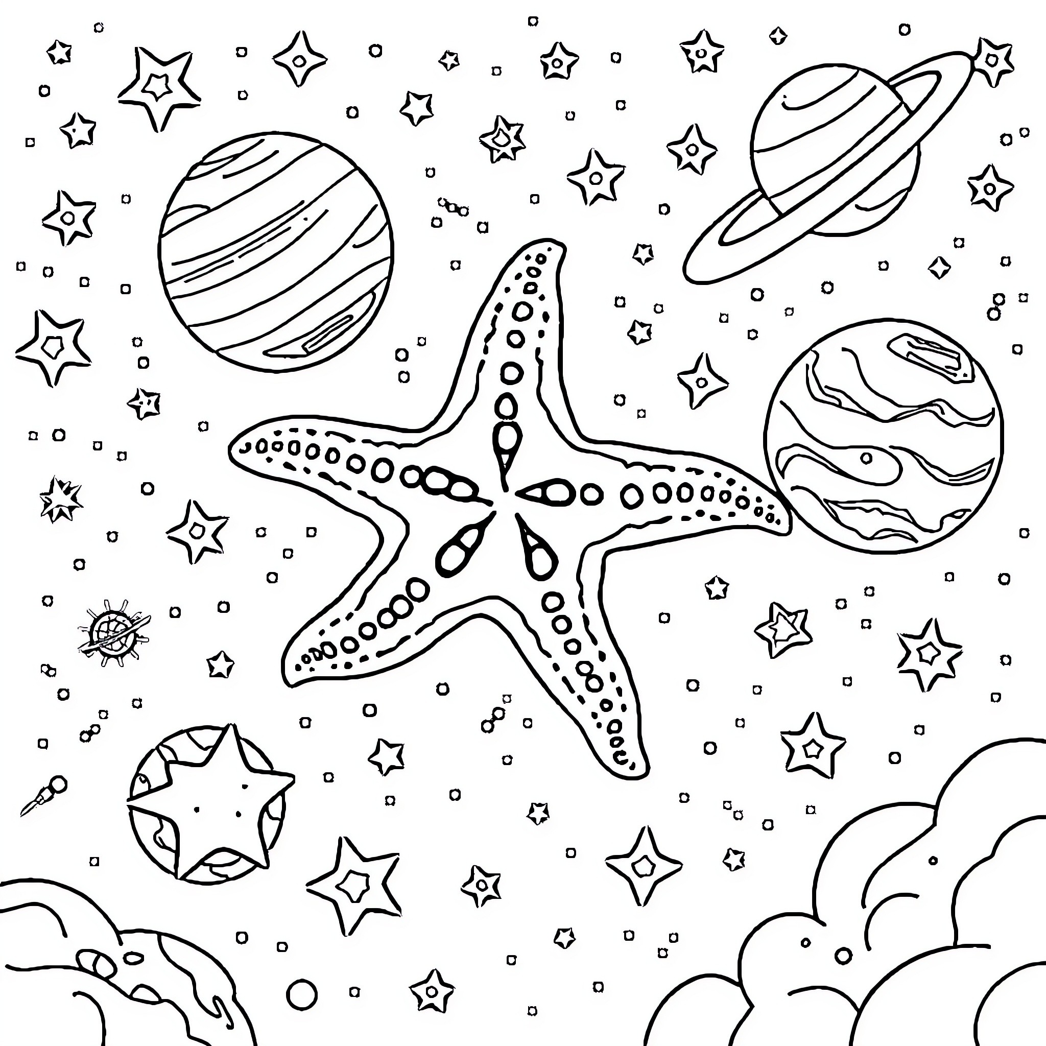 Starfish and celestial objects in space Coloring Page (free black-and-white line drawing printable PDF for all, from beginners to advanced learners, including children, teens, adults, and seniors)