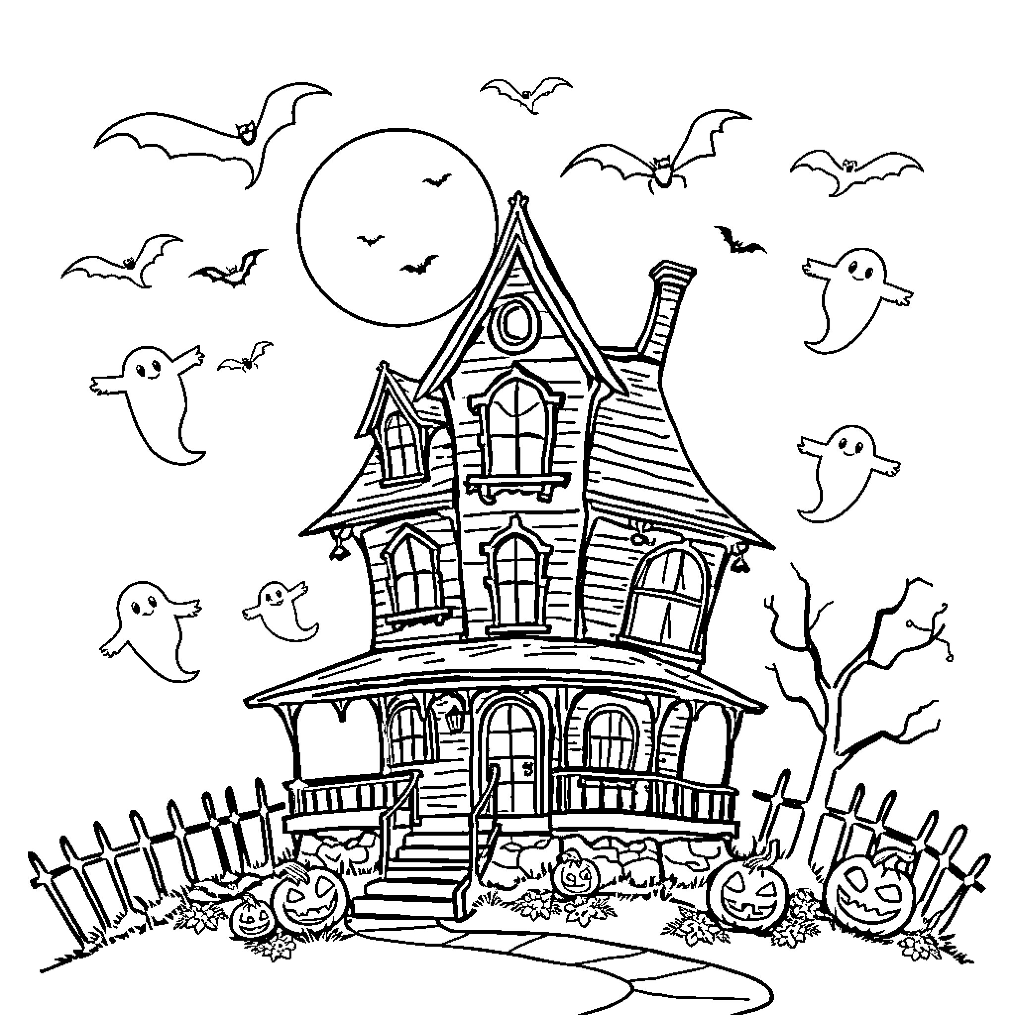Haunted House with Spooky Ghosts and Jack-o'-Lanterns Coloring Page (free black-and-white line drawing printable PDF for all, from beginners to advanced learners, including children, teens, adults, and seniors)