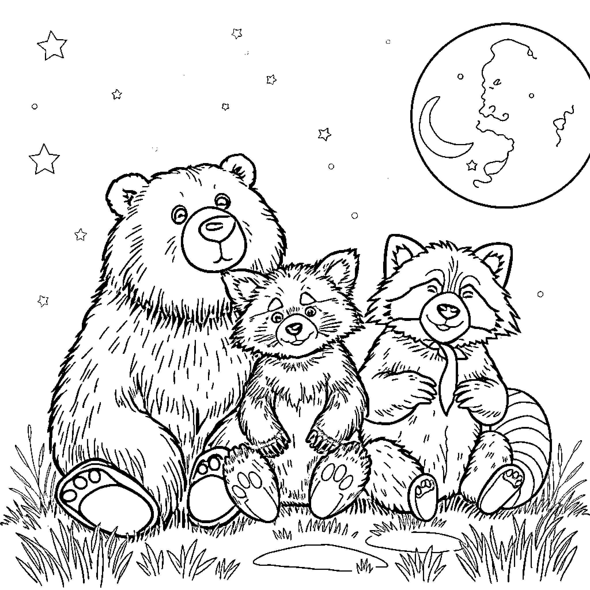 Bear family enjoying the night sky Coloring Page (free black-and-white line drawing printable PDF for all, from beginners to advanced learners, including children, teens, adults, and seniors)