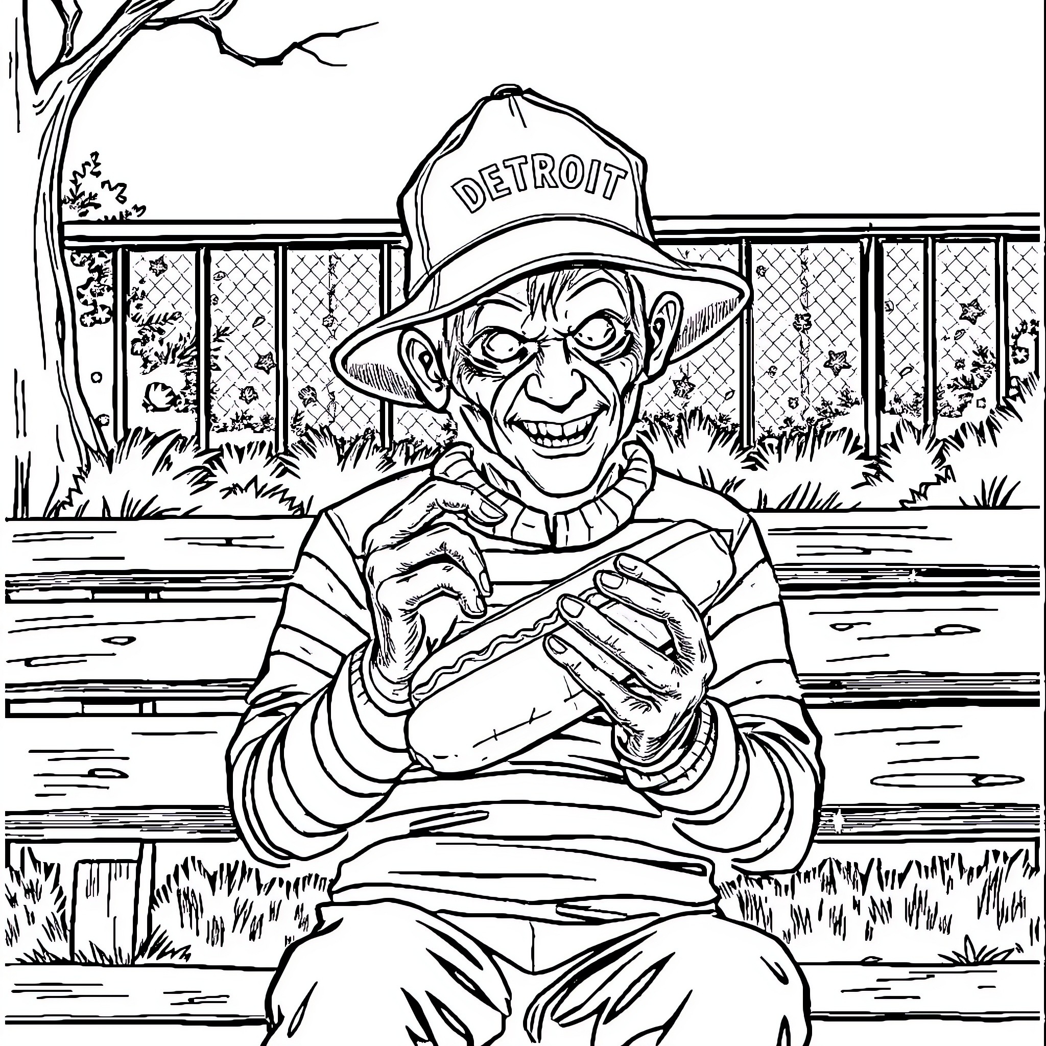 Freddy Krueger in a Playful Mood Coloring Page (free black-and-white line drawing printable PDF for all, from beginners to advanced learners, including children, teens, adults, and seniors)