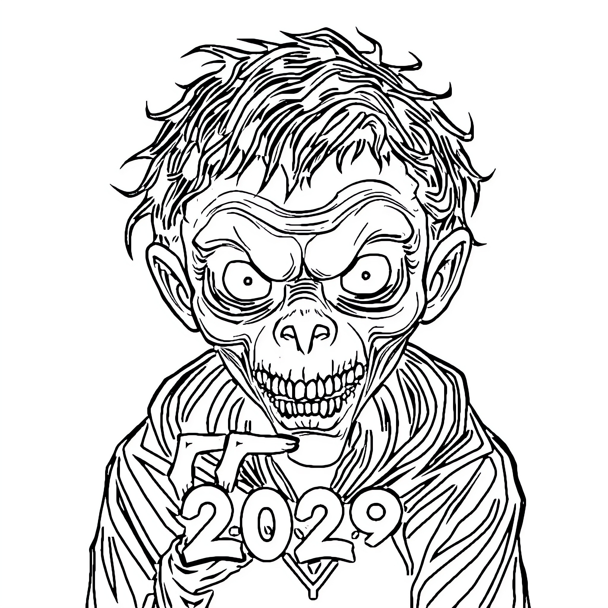 Horror Character with Spooky Eyes and Toothy Grin Coloring Page (free black-and-white line drawing printable PDF for all, from beginners to advanced learners, including children, teens, adults, and seniors)