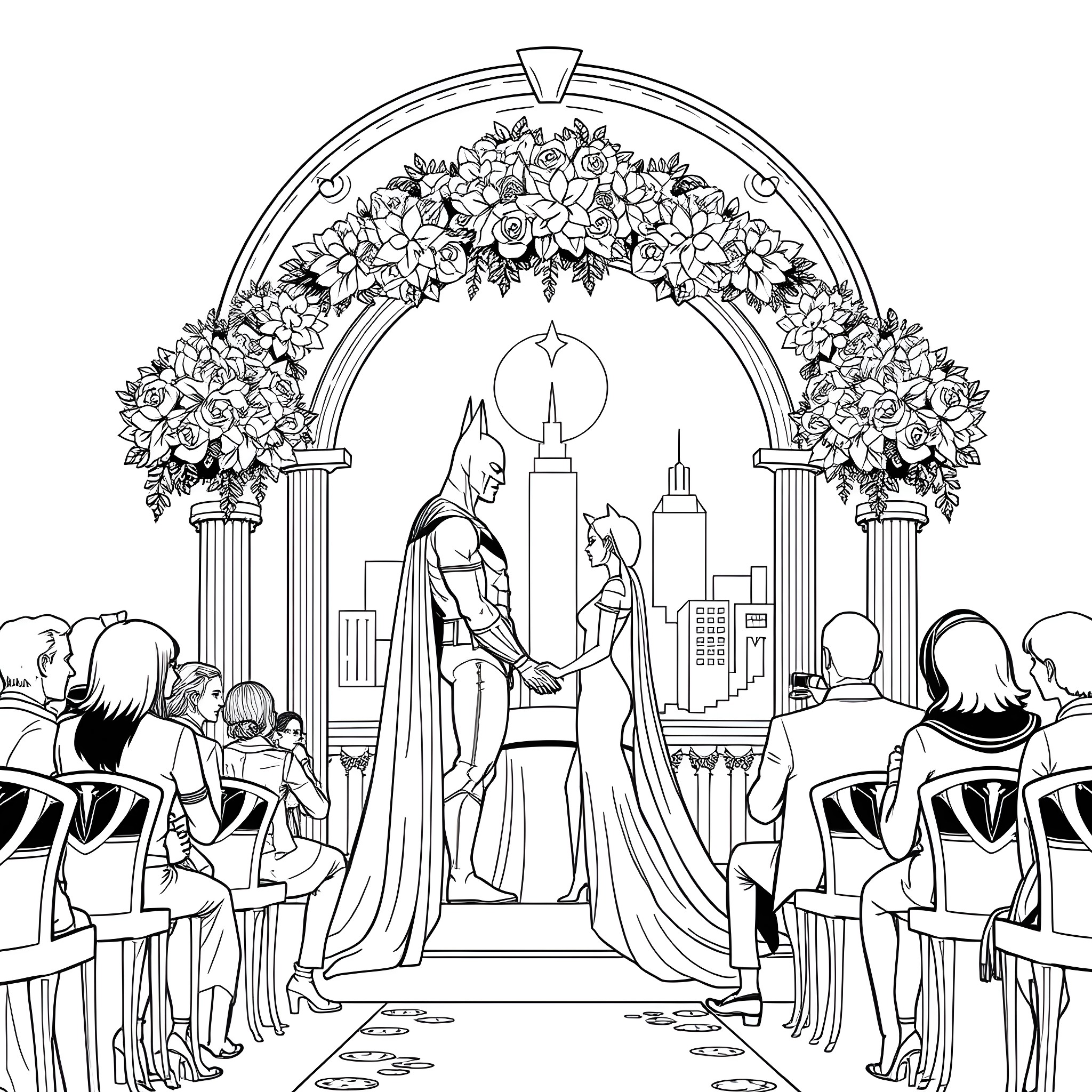Batman wedding ceremony in a floral arch Coloring Page (free black-and-white line drawing printable PDF for all, from beginners to advanced learners, including children, teens, adults, and seniors)