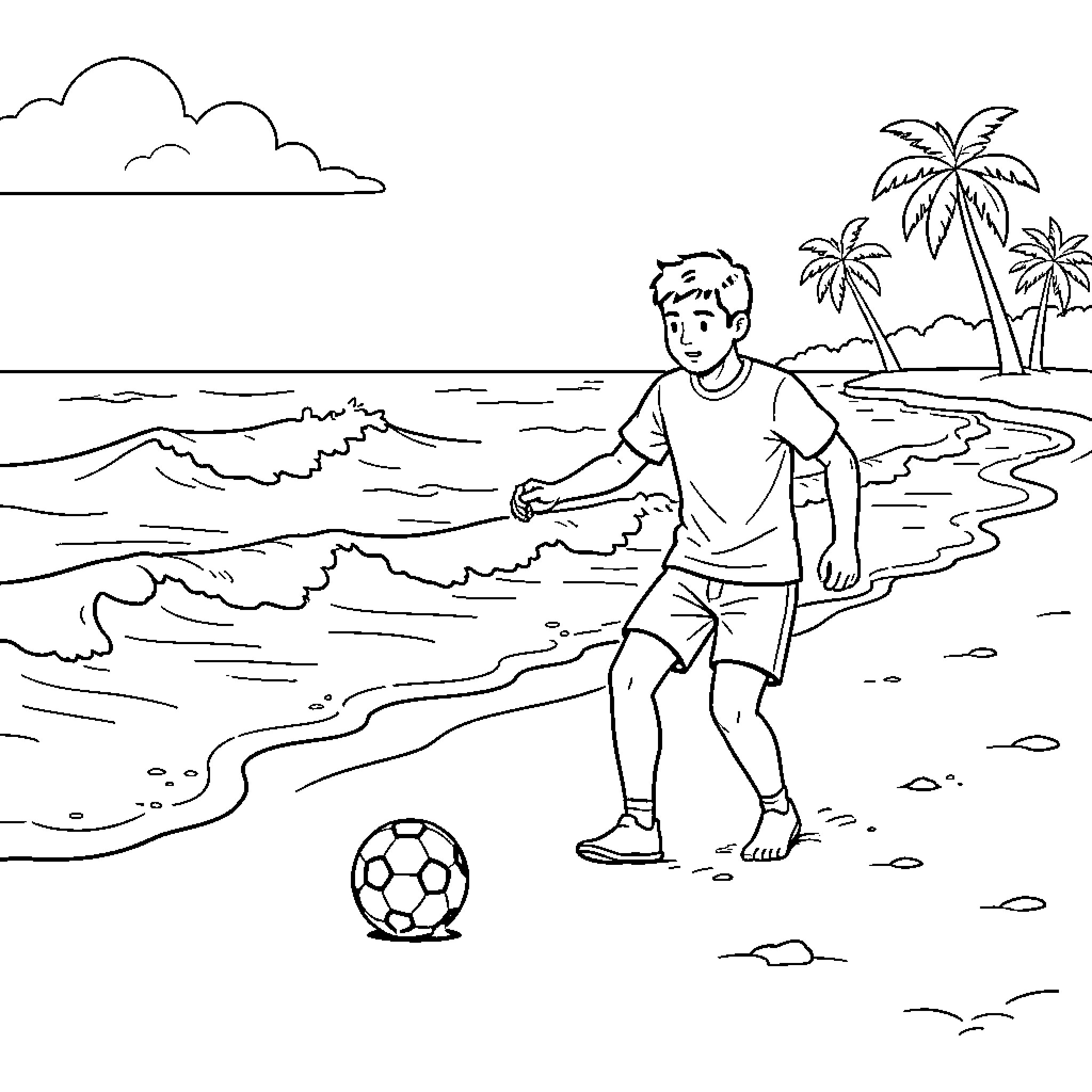 Rahimi playing soccer on a sunny beach Coloring Page (free black-and-white line drawing printable PDF for all, from beginners to advanced learners, including children, teens, adults, and seniors)