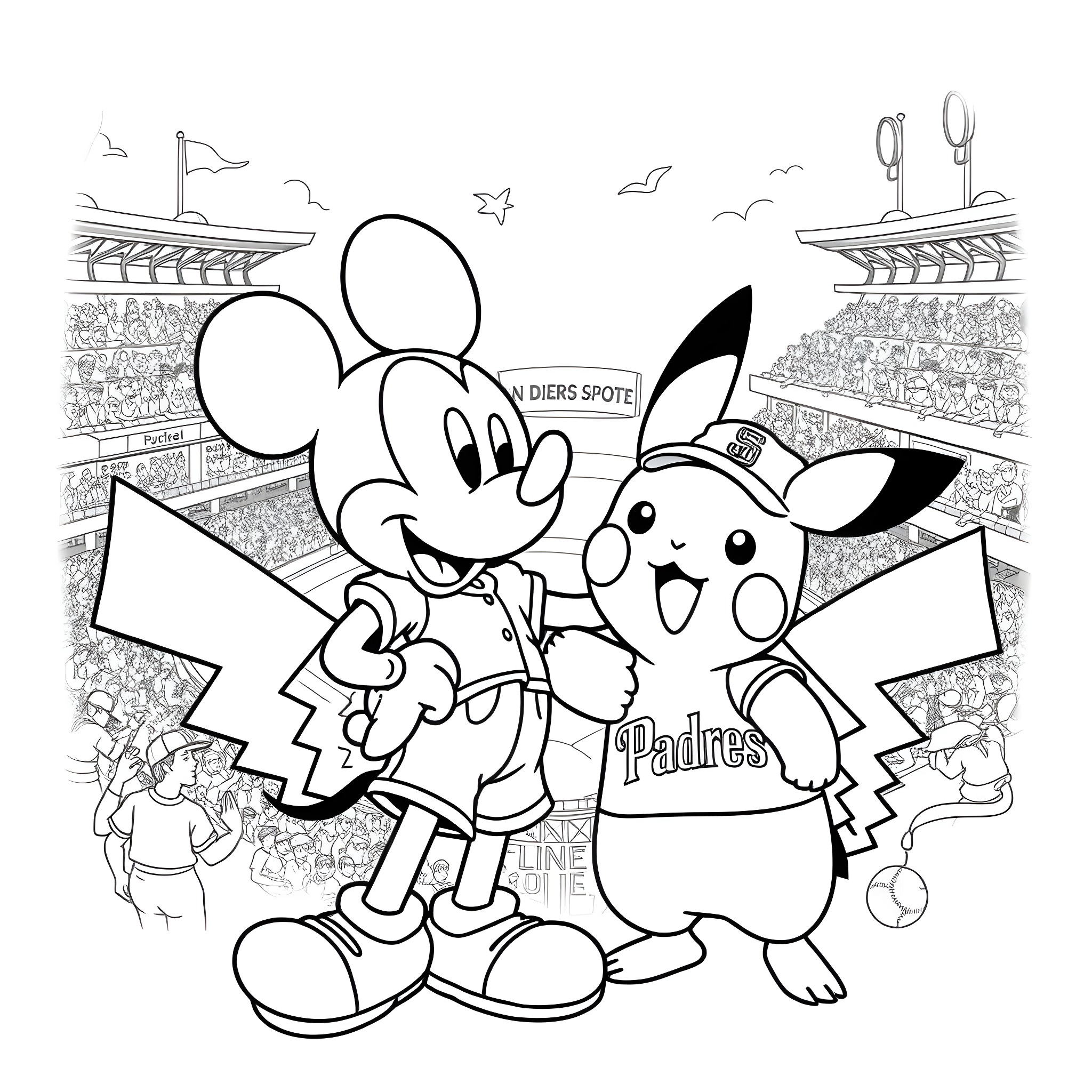 Mickey Mouse and Pikachu at the baseball stadium Coloring Page (free black-and-white line drawing printable PDF for all, from beginners to advanced learners, including children, teens, adults, and seniors)
