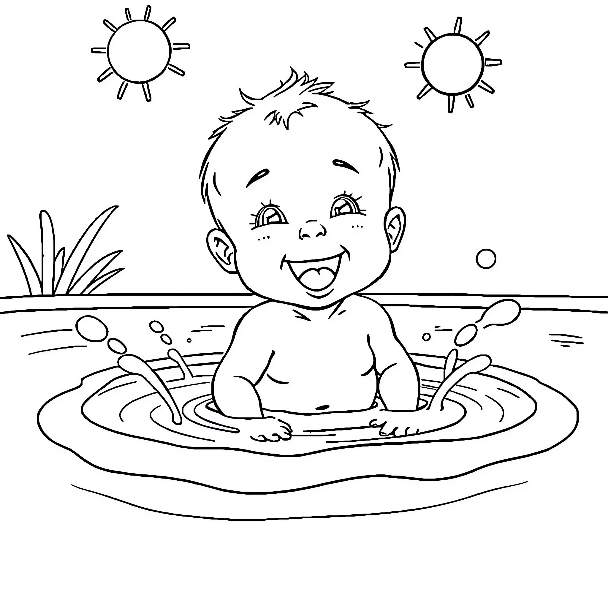 Baby playing happily in the water Coloring Page (free black-and-white line drawing printable PDF for all, from beginners to advanced learners, including children, teens, adults, and seniors)