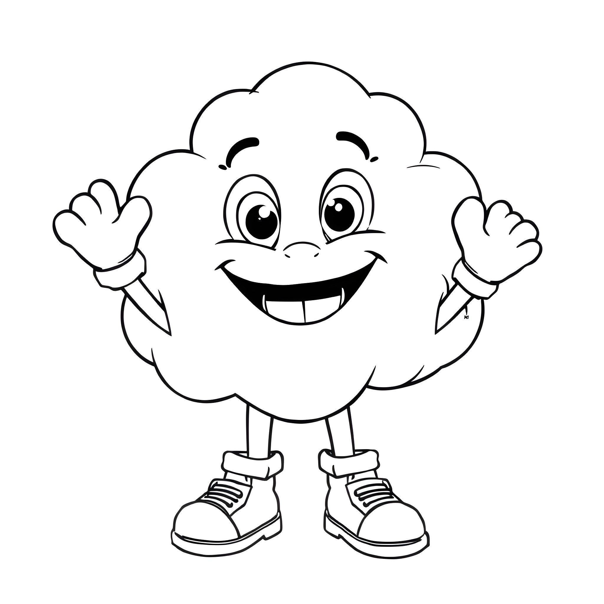 Cloud character with happy expression and waving hands Coloring Page (free black-and-white line drawing printable PDF for all, from beginners to advanced learners, including children, teens, adults, and seniors)