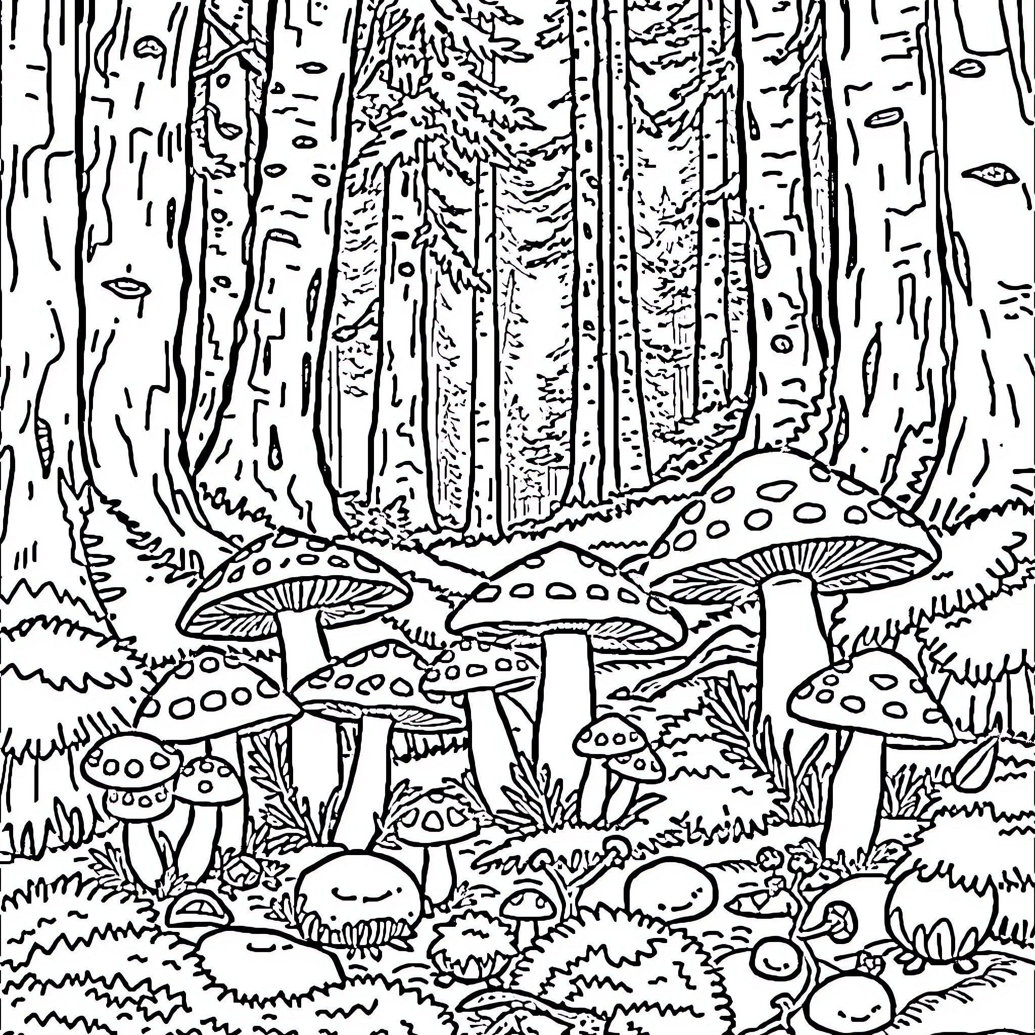 Mushroom forest filled with whimsical fungi Coloring Page (free black-and-white line drawing printable PDF for all, from beginners to advanced learners, including children, teens, adults, and seniors)