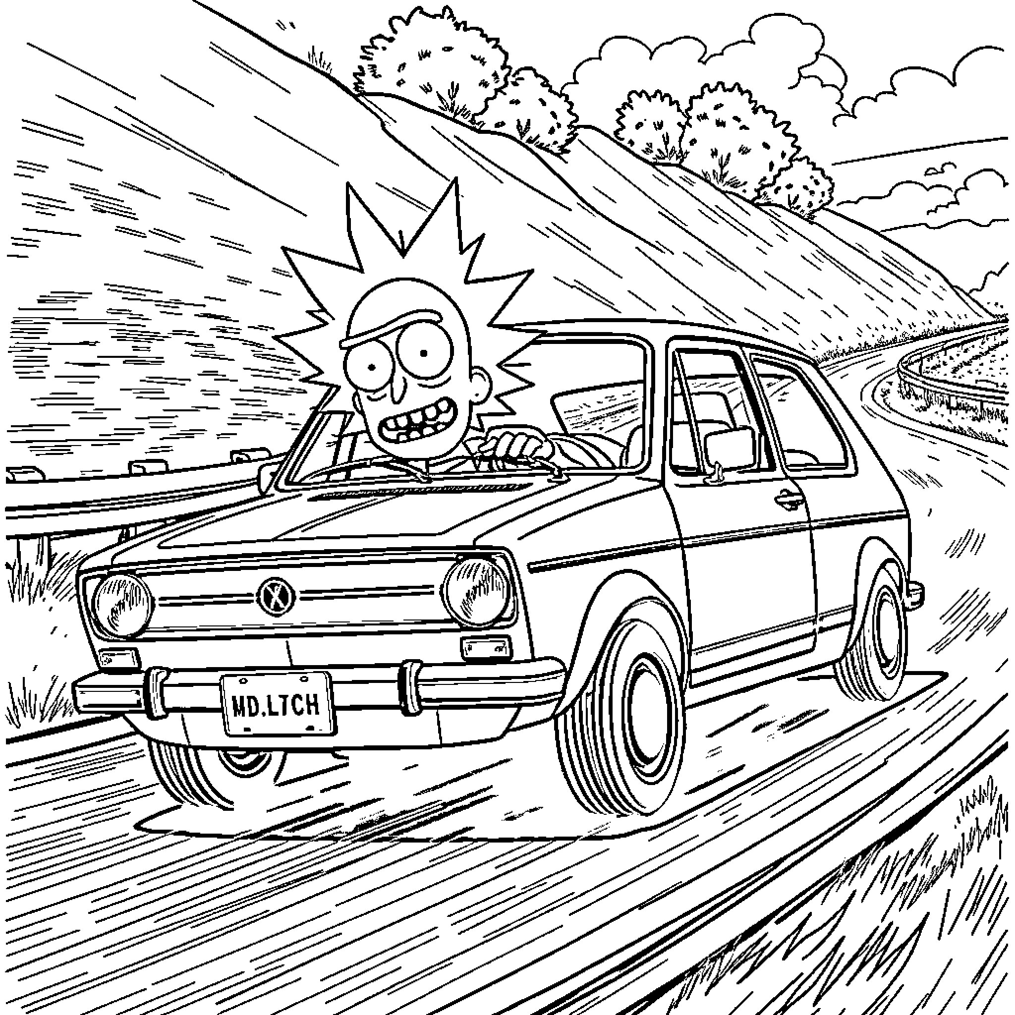 Rick drives comically down the road Coloring Page (free black-and-white line drawing printable PDF for all, from beginners to advanced learners, including children, teens, adults, and seniors)